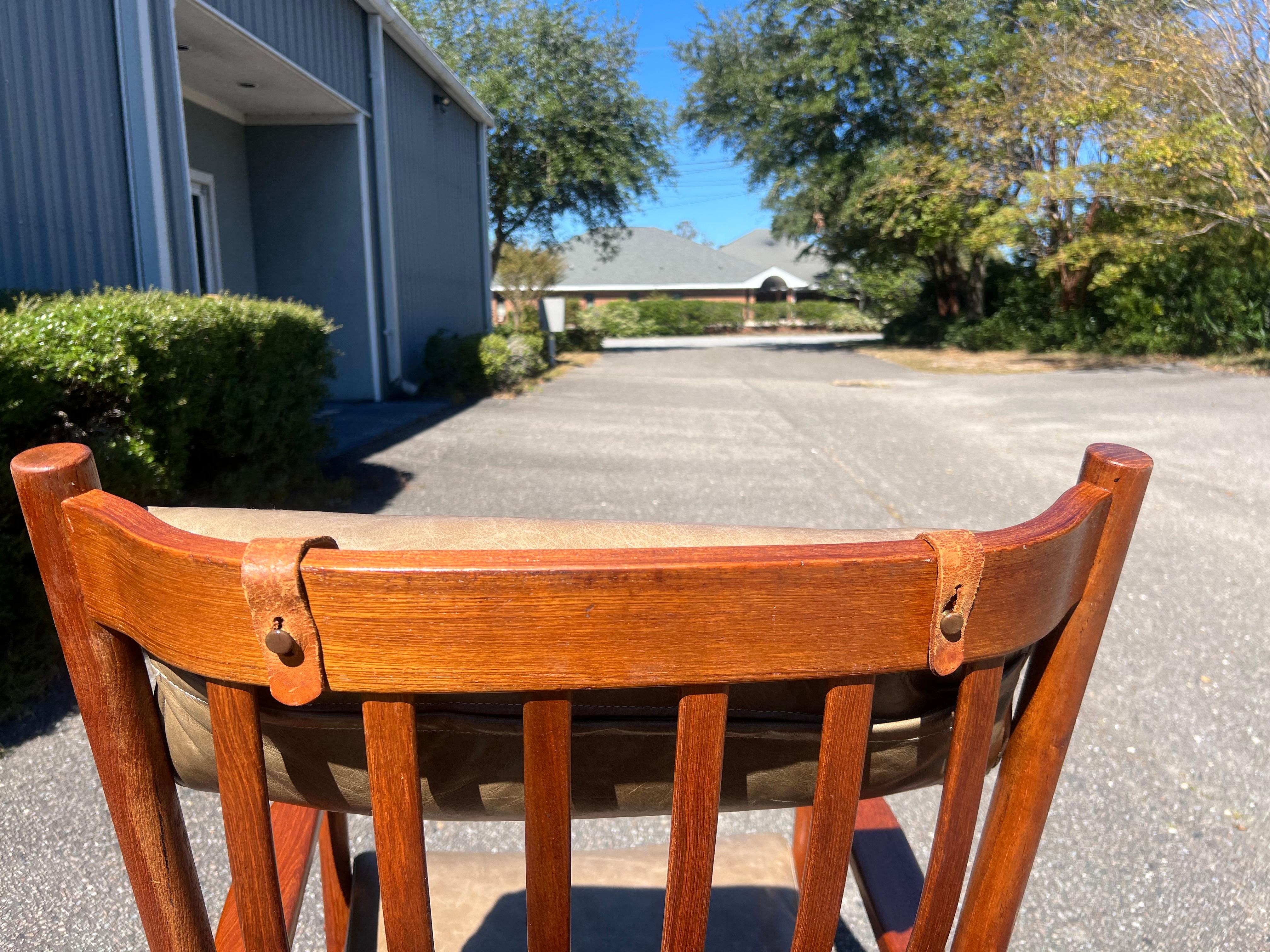 1960s Hans Wegner Teak Rocking Chair in Green Leather For Sale 8