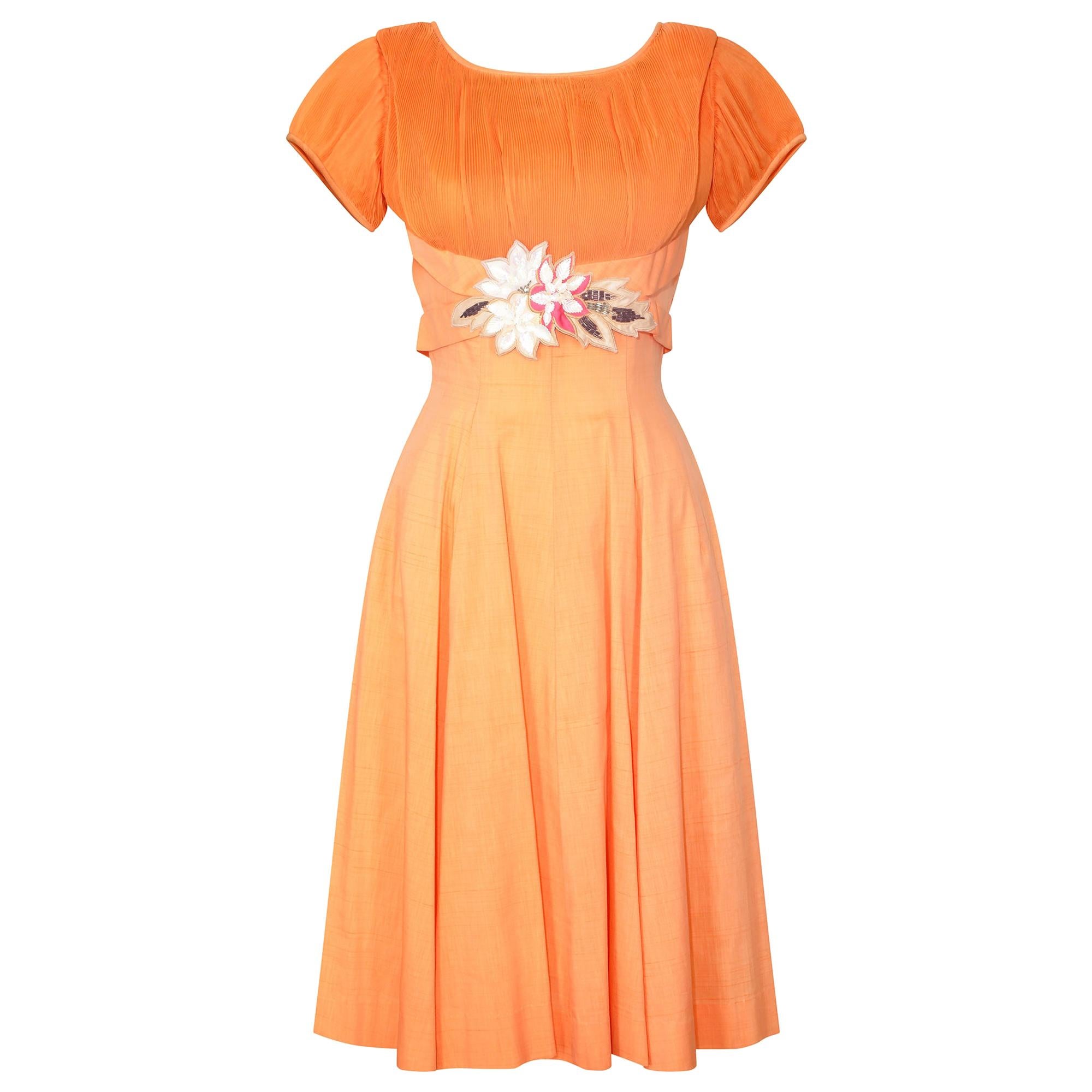 1960s Harco Orange Cotton Dress with Waistband Applique