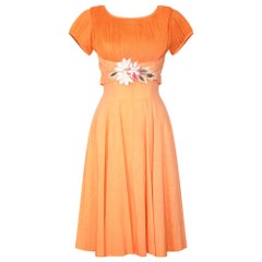 1960s Harco Orange Cotton Dress with Waistband Applique