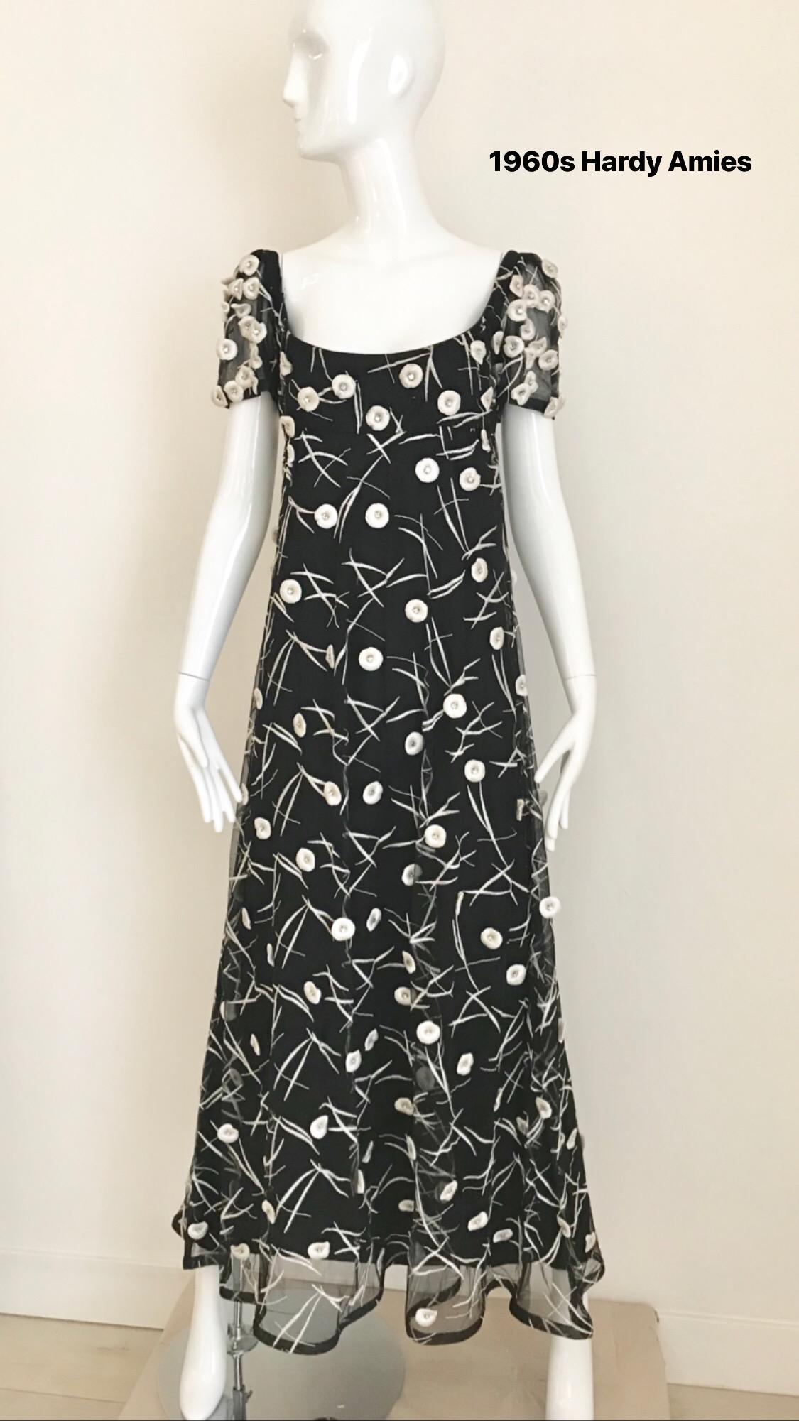 1960s Hardy Amies Black Gown with White Embellishment 8