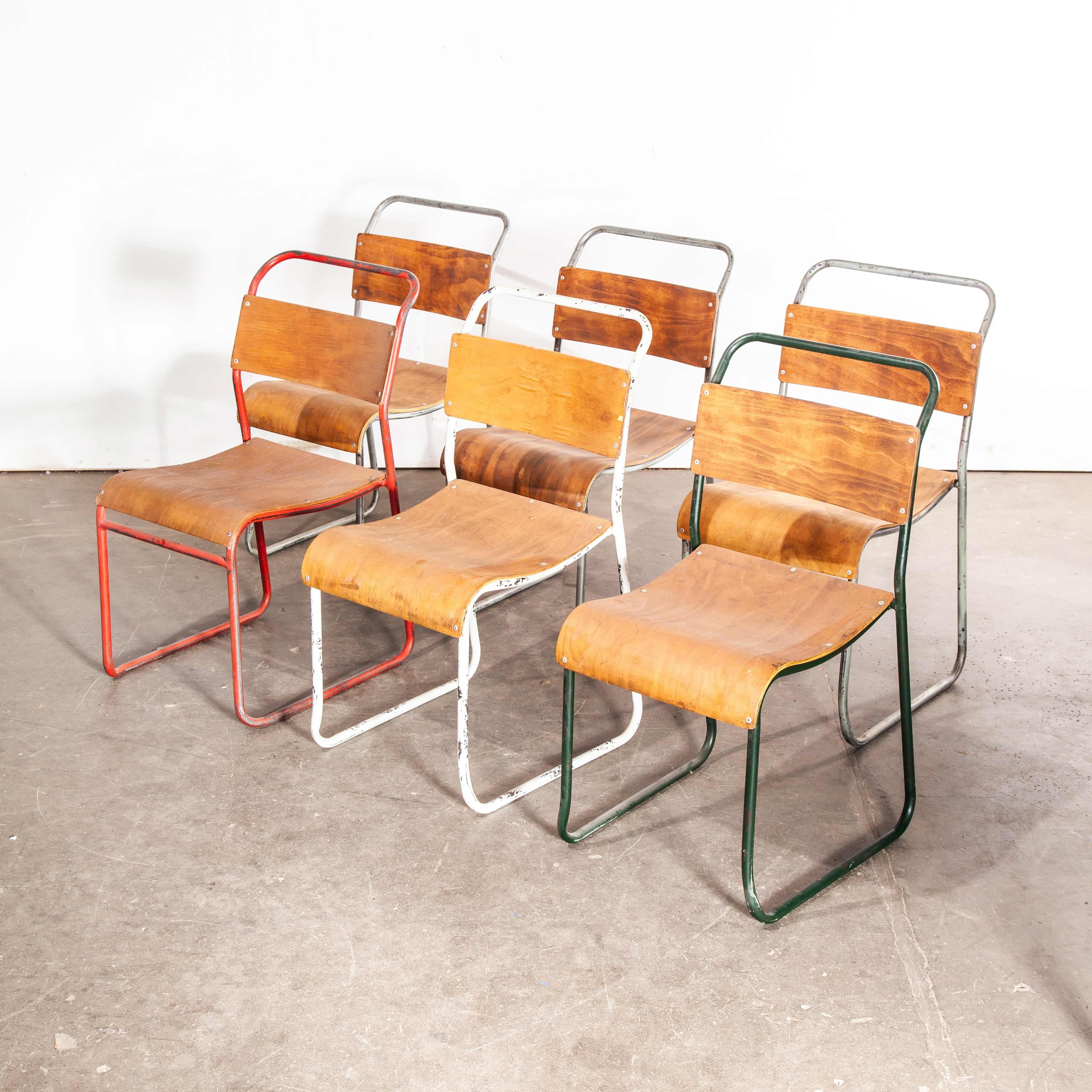 1960s Harlequin set of six metal and ply dining chairs
1960s vintage harlequin set of six dining chairs. Classic tubular metal and ply dining chairs based on the Bauhaus style design of Cox/Pel chairs, but these were made in the 1960s by the