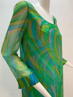 1960s Harold Levine Psychedelic Print Silk Satin Dress w/ Chiffon Overlay