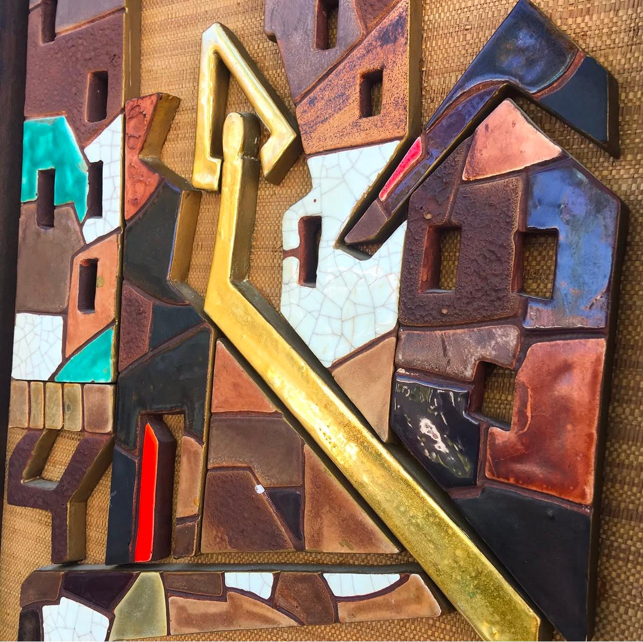 Discover the unique charm of the Vintage Harris Strong Tile Abstract Mosaic Cityscape Art from the 1960s. This authentic piece embodies the essence of the Mid-Century period, showcasing a captivating cityscape composed of intricately arranged tiles.