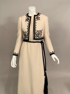 1960's Harry Algo Made in France Cream Wool Dress and Jacket Black Soutache Trim