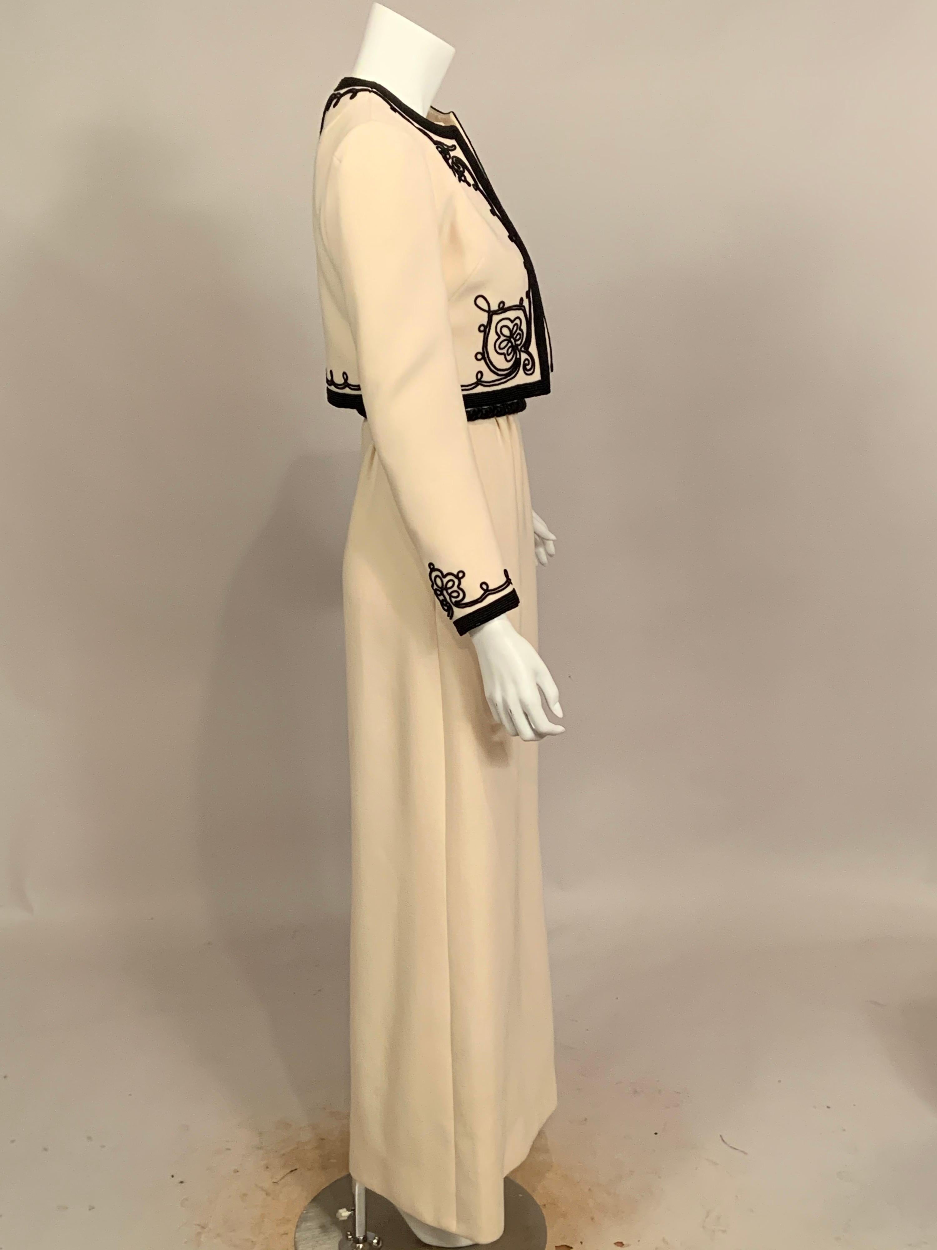 White 1960's Harry Algo Made in France Cream Wool Dress and Jacket Black Soutache Trim