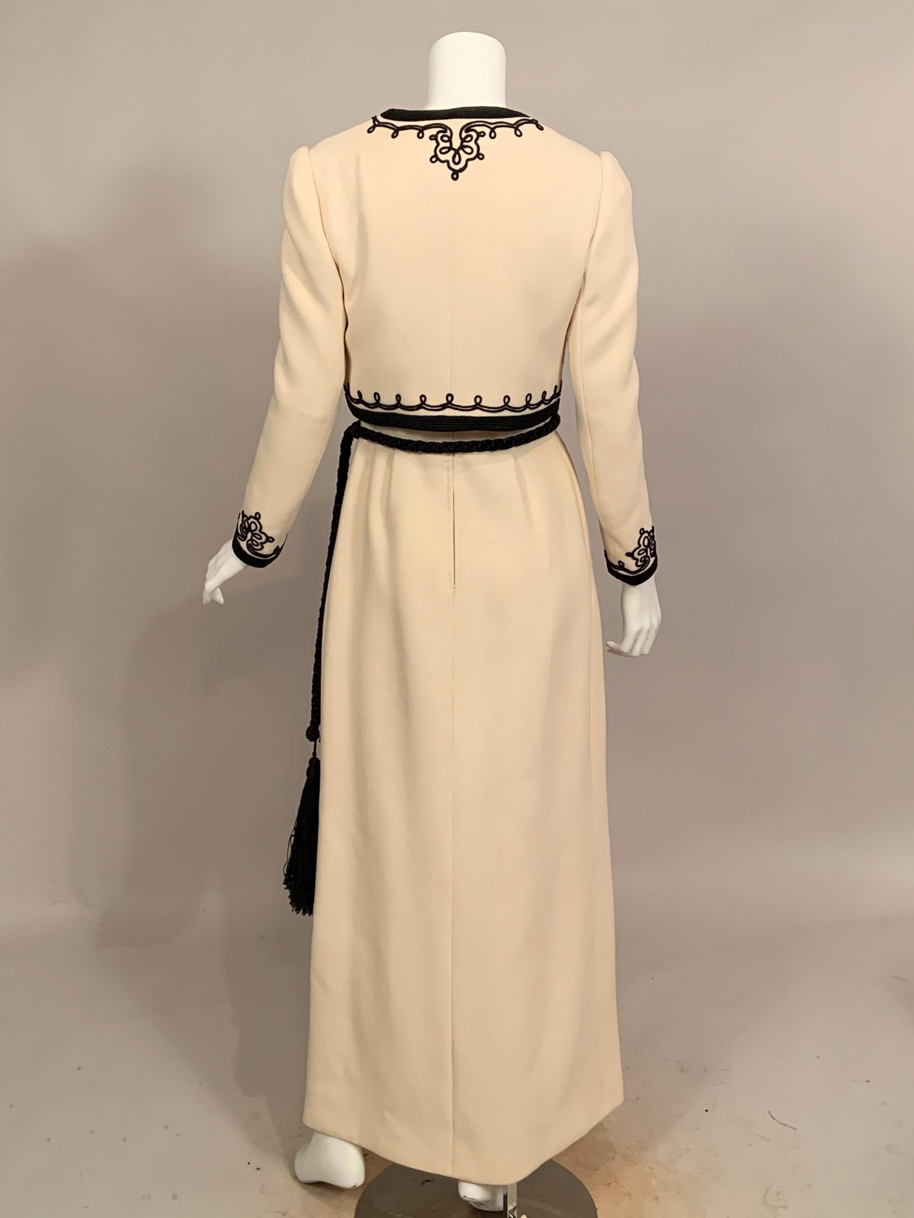 Women's 1960's Harry Algo Made in France Cream Wool Dress and Jacket Black Soutache Trim