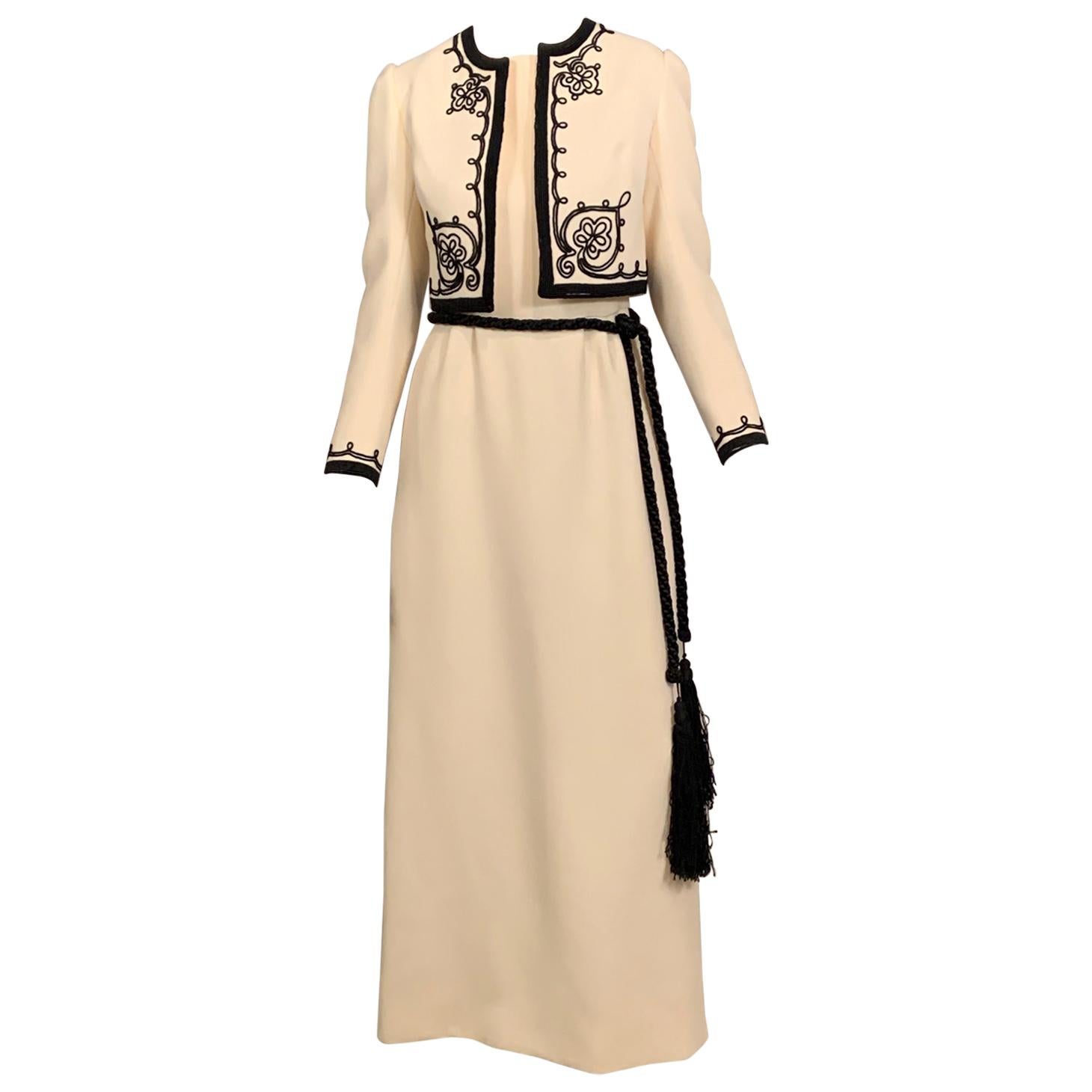 1960's Harry Algo Made in France Cream Wool Dress and Jacket Black Soutache Trim