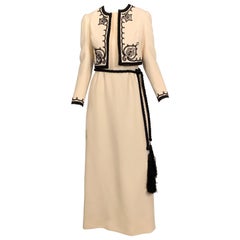 Vintage 1960's Harry Algo Made in France Cream Wool Dress and Jacket Black Soutache Trim