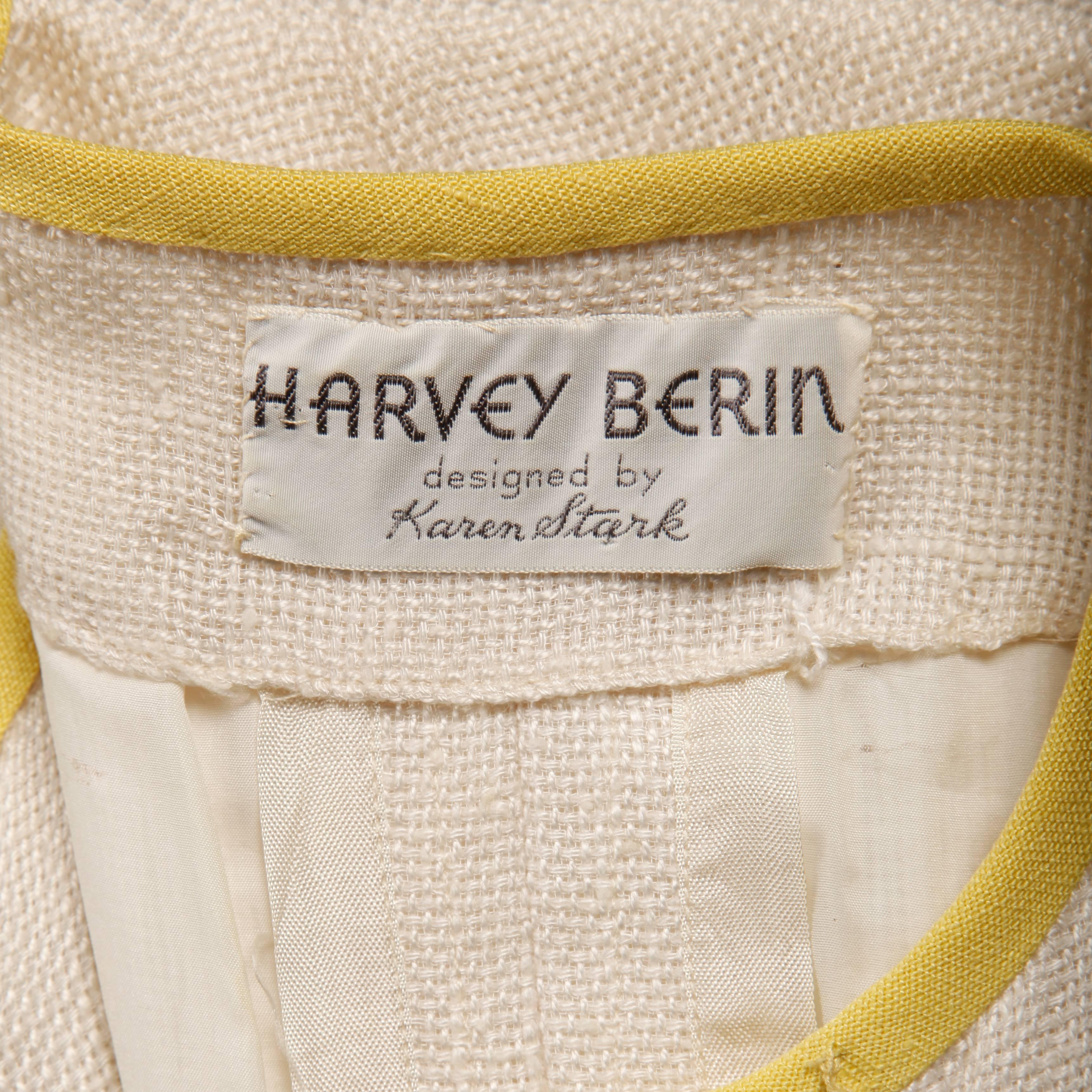 Beautifully done white linen dress with yellow trim by Karen Stark for Harvey Berin. Fully lined with front button, hook and snap closure. Front faux pockets. The marked size is 8, but the dress fits like a modern size small. The bust measures