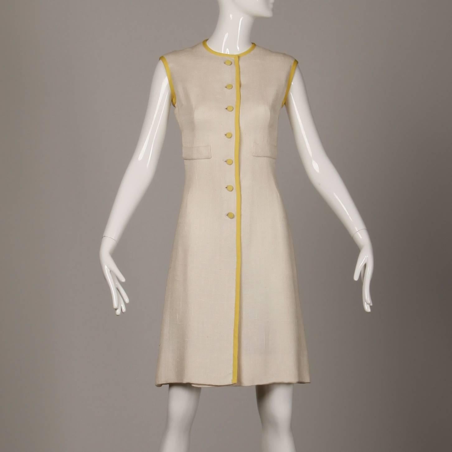 Beige 1960s Harvey Berin by Karen Stark Vintage Yellow + White Linen Sheath Dress