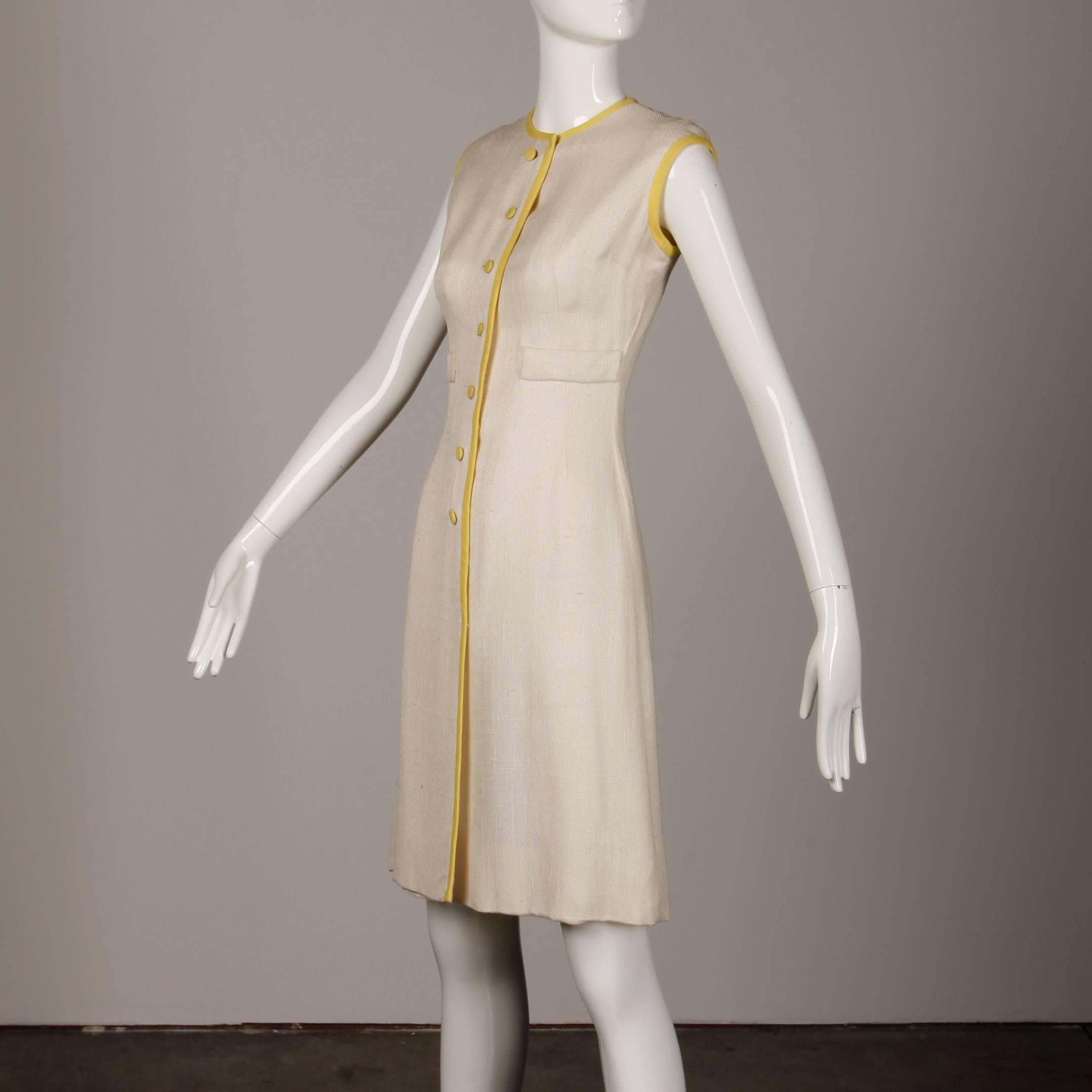 Women's 1960s Harvey Berin by Karen Stark Vintage Yellow + White Linen Sheath Dress