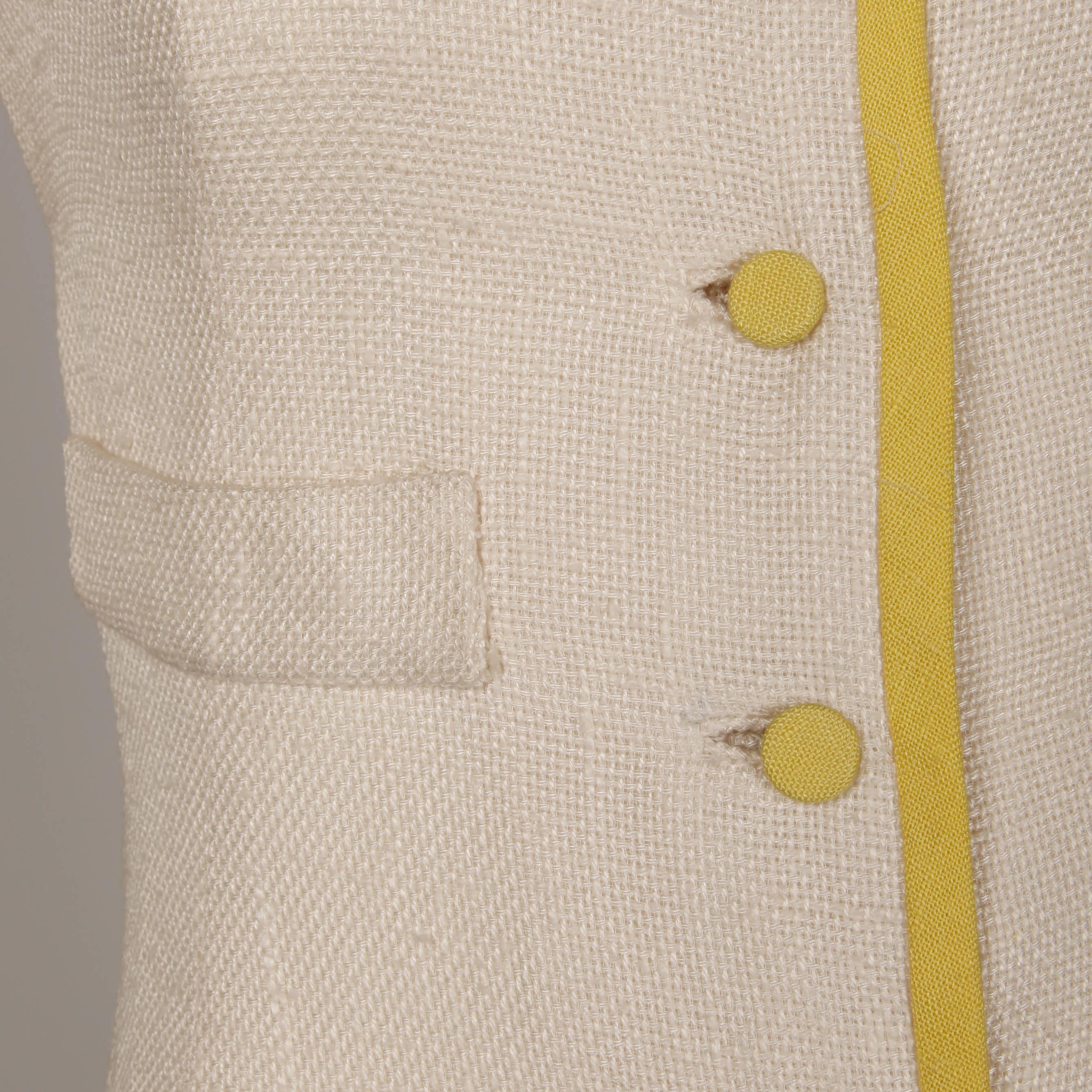 1960s Harvey Berin by Karen Stark Vintage Yellow + White Linen Sheath Dress 1