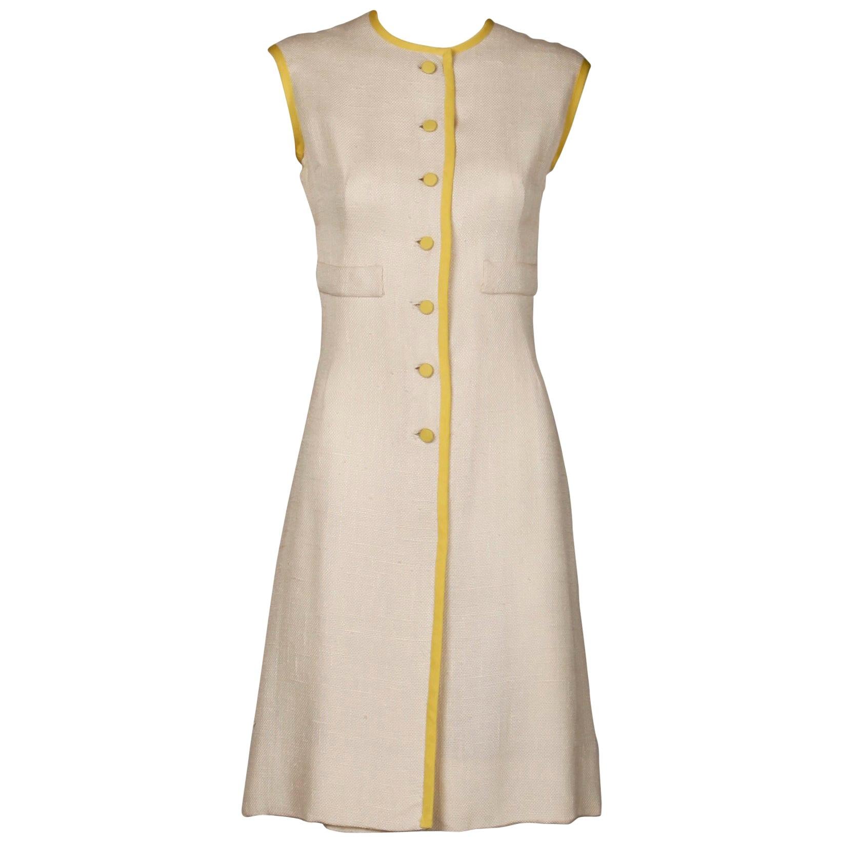 1960s Harvey Berin by Karen Stark Vintage Yellow + White Linen Sheath Dress