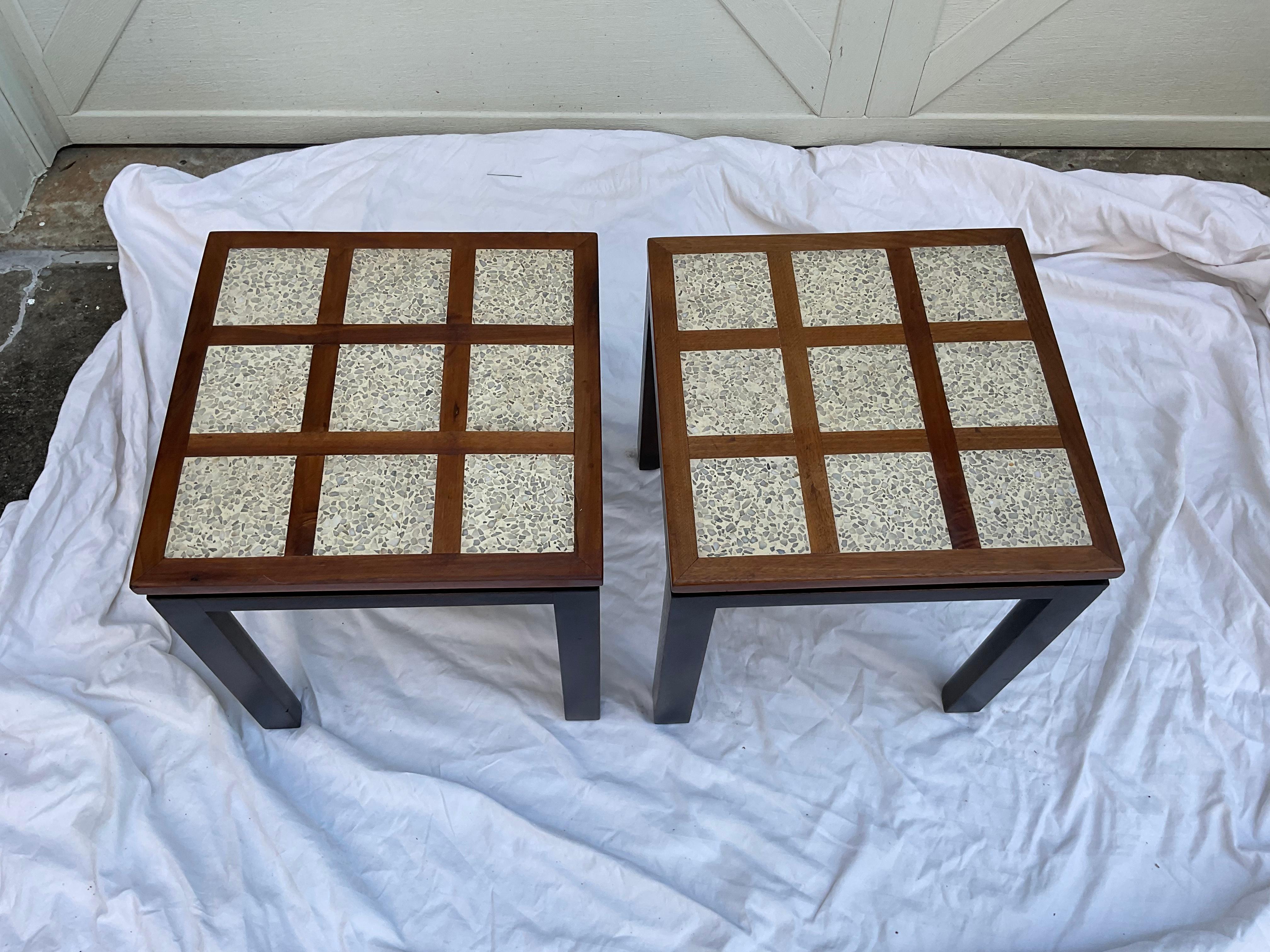 Handsome pair of side tables, from the iconic Harvey Probber. The terrazzo and walnut tops and done in a grid pattern. The bases are in a darker finish( I have seen bases done in light and dark. ) which I think highlights, the tops nicely. There is