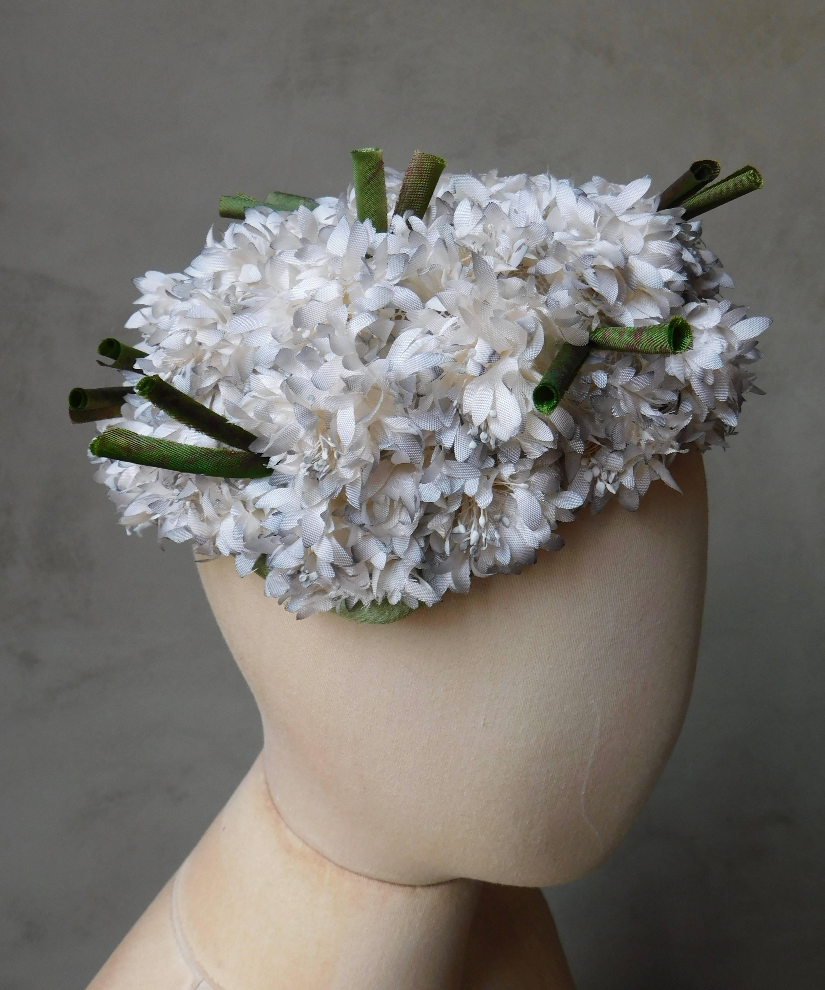Gray 1960's Hat Fully covered in Small White Silk Flowers By Maison de Bonneterie