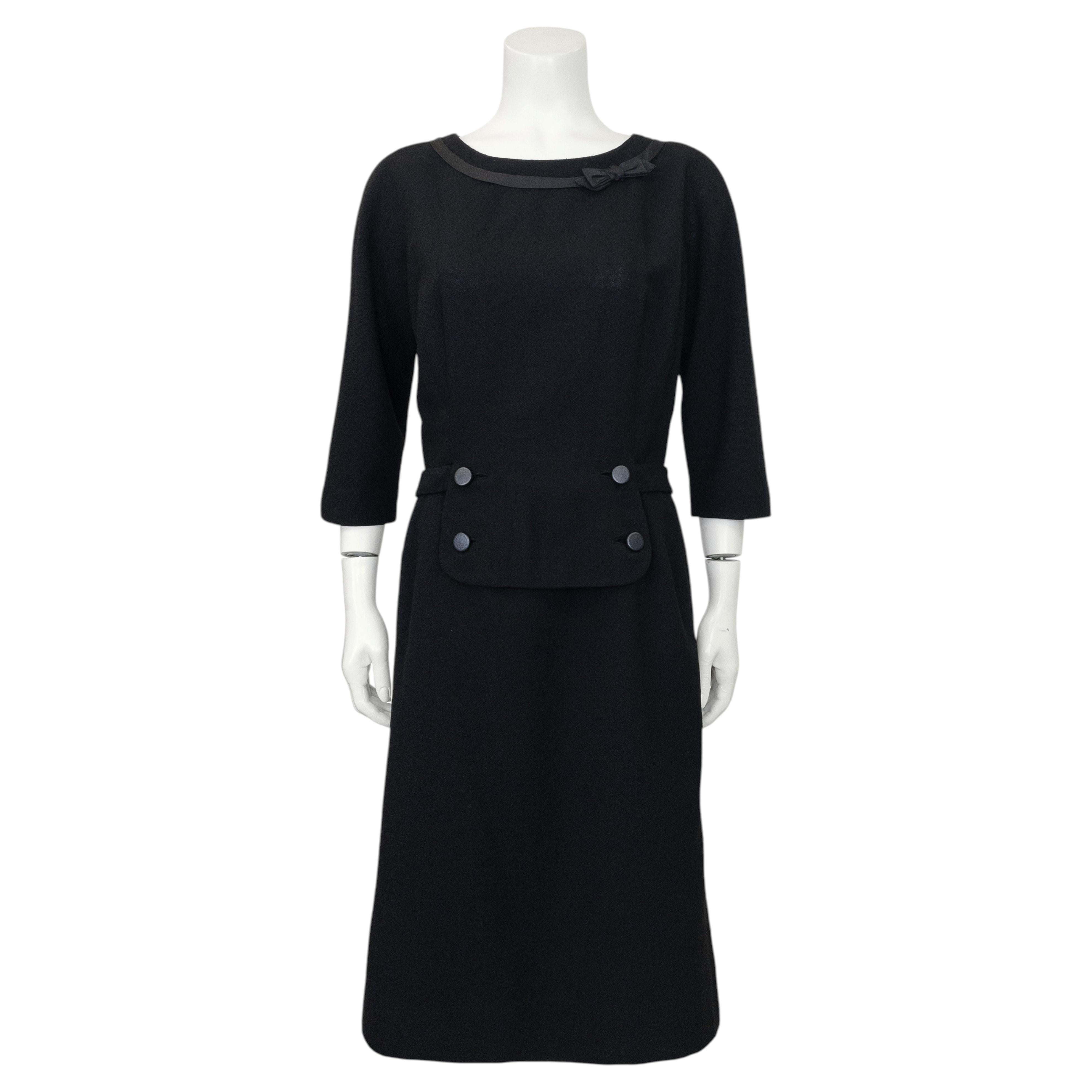 Abito in lana nera stile Jackie O di Hattie Carnegie degli anni '60