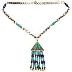1960s Hattie Carnegie Egyptian Revival Enamel Lotus Necklace