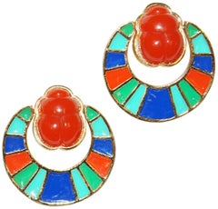Vintage 1960s Hattie Carnegie Egyptian Revival Enamel Scarab Door Knocker Earrings