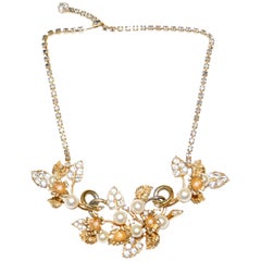 1960s Hattie Carnegie Floral Gold Tone Rhinestone Entremble Necklace