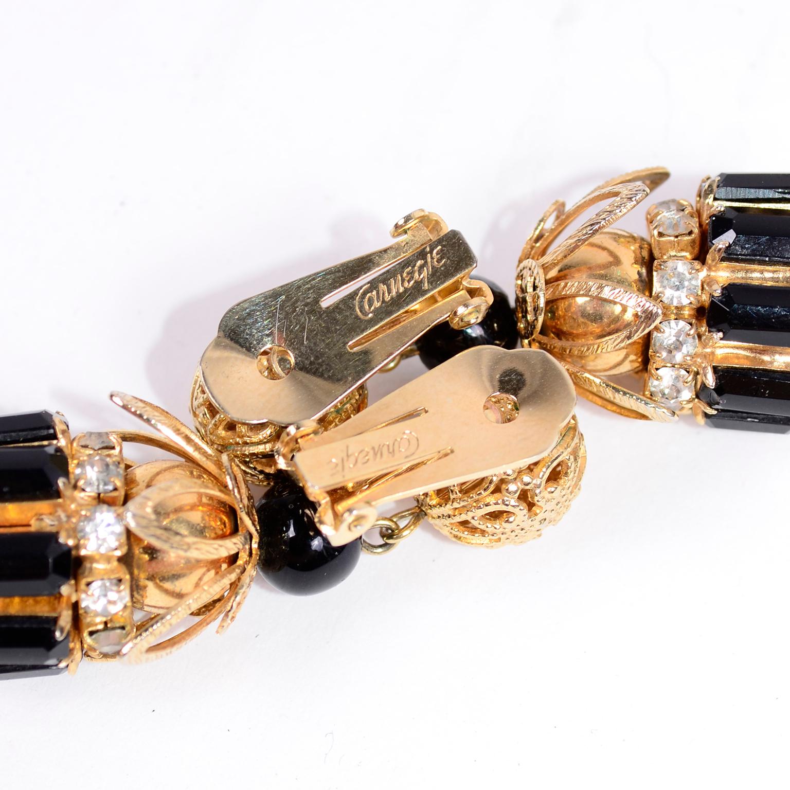 Vintage 1960s Hattie Carnegie Necklace & Earrings W Rhinestones Onyx & Pearls For Sale 3