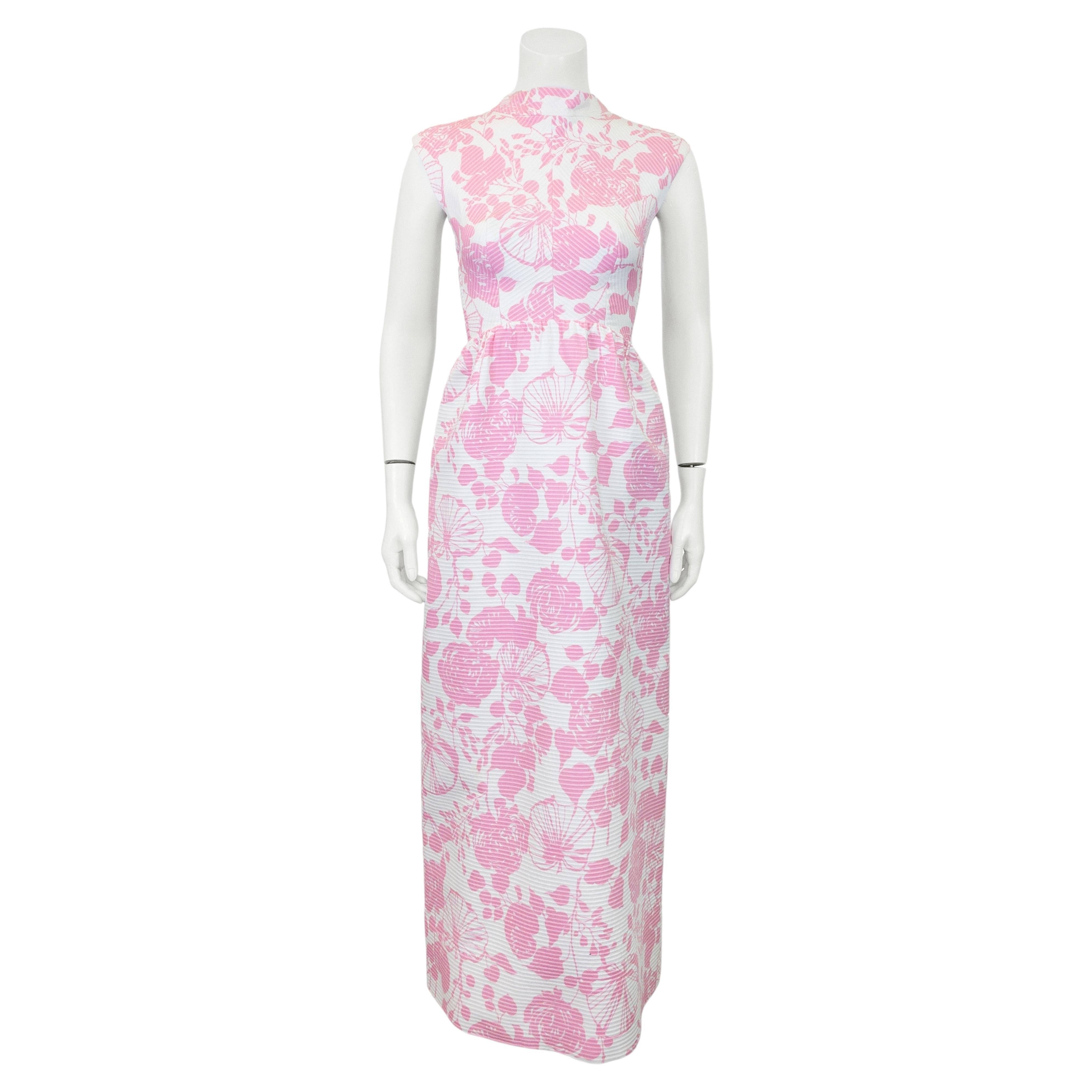 1960's Hattie Carnegie Pink and White Jacquard Maxi Dress For Sale