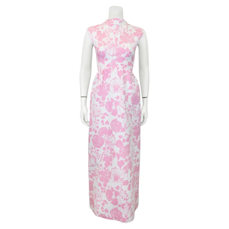 1960's Hattie Carnegie Pink And White Jacquard Maxi Dress