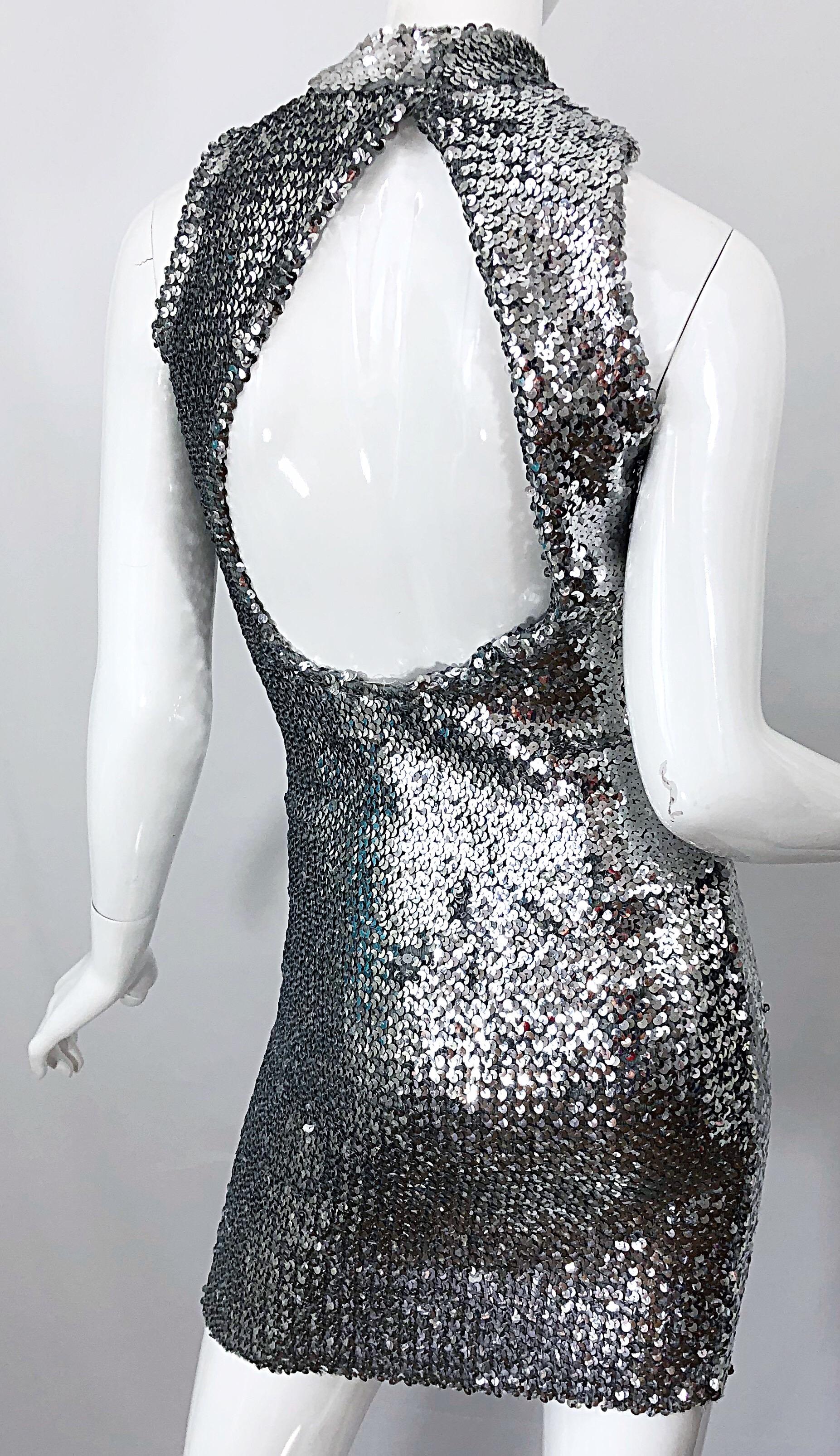 1960er Hattie Carnegie Silber Pailletten offener Rücken Mod Vintage 60er Jahre Minikleid im Angebot 5