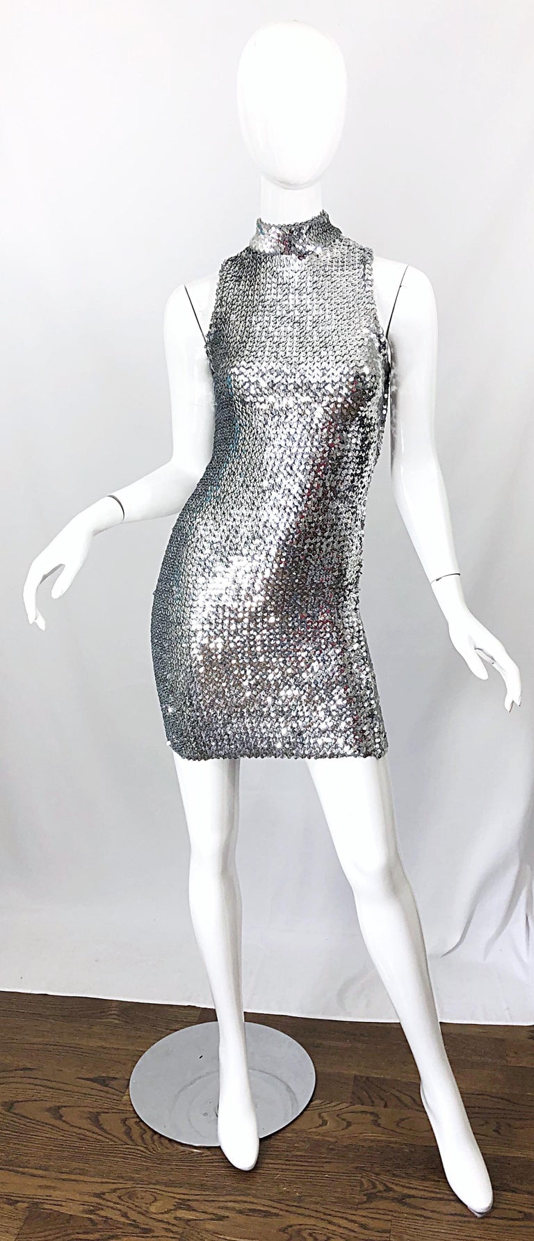 1960s Hattie Carnegie Silver Sequined Open Back Mod Vintage 60s Mini Dress