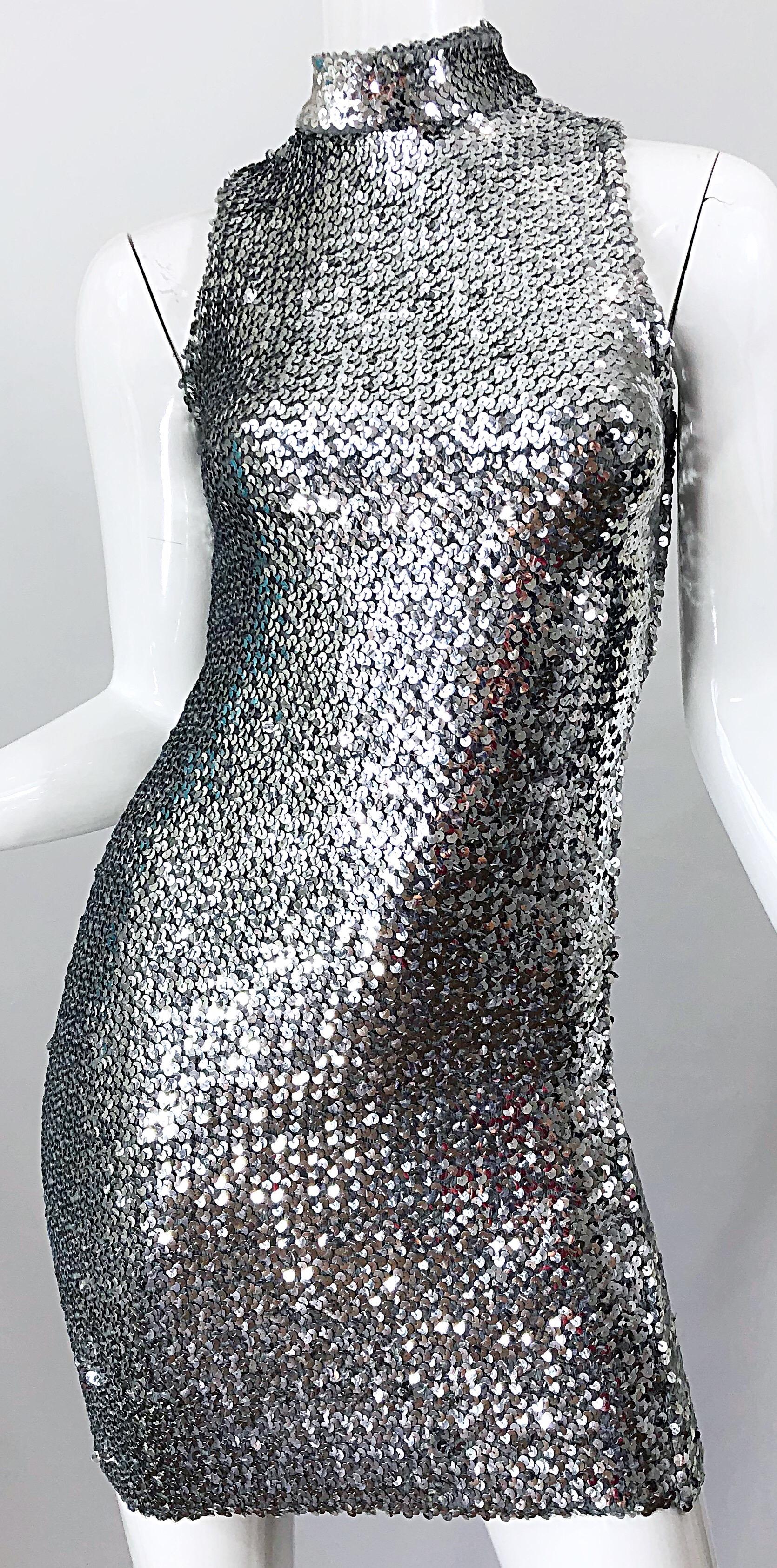1960er Hattie Carnegie Silber Pailletten offener Rücken Mod Vintage 60er Jahre Minikleid im Angebot 3