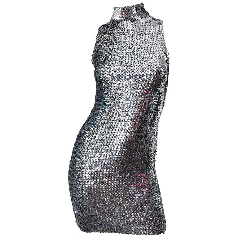1960s Hattie Carnegie Silver Sequined Open Back Mod Vintage 60s Mini Dress