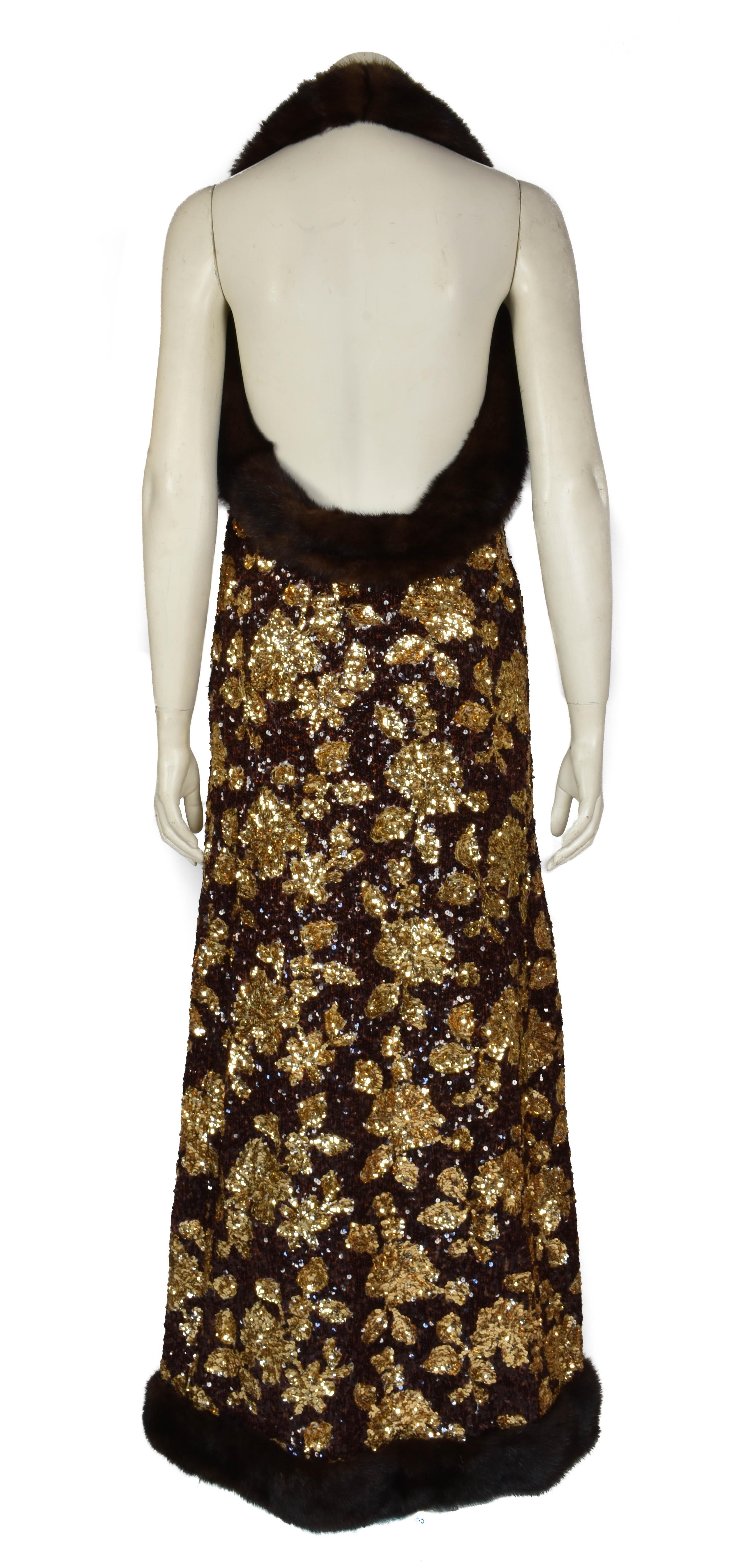 Black 1960's Haute Couture Jacques Heim Sequin Fur Trimmed Evening Gown For Sale