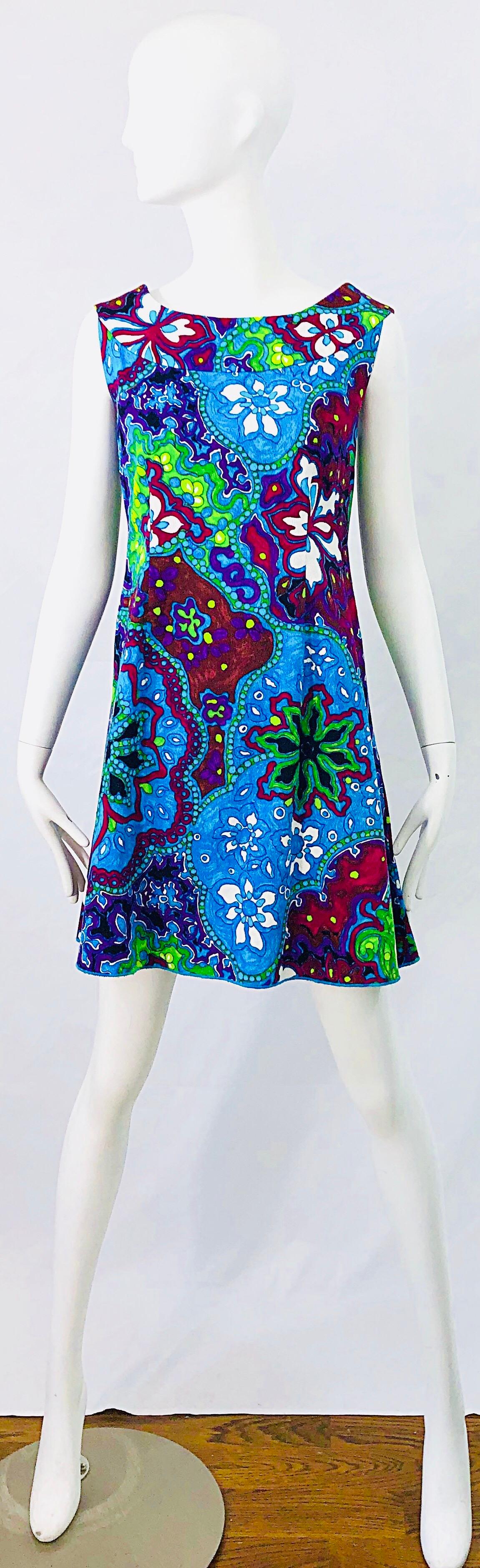 1960s Hawaiian Print Vibrant Colors Flowers Cotton / Rayon A - Line Mini Dress 9