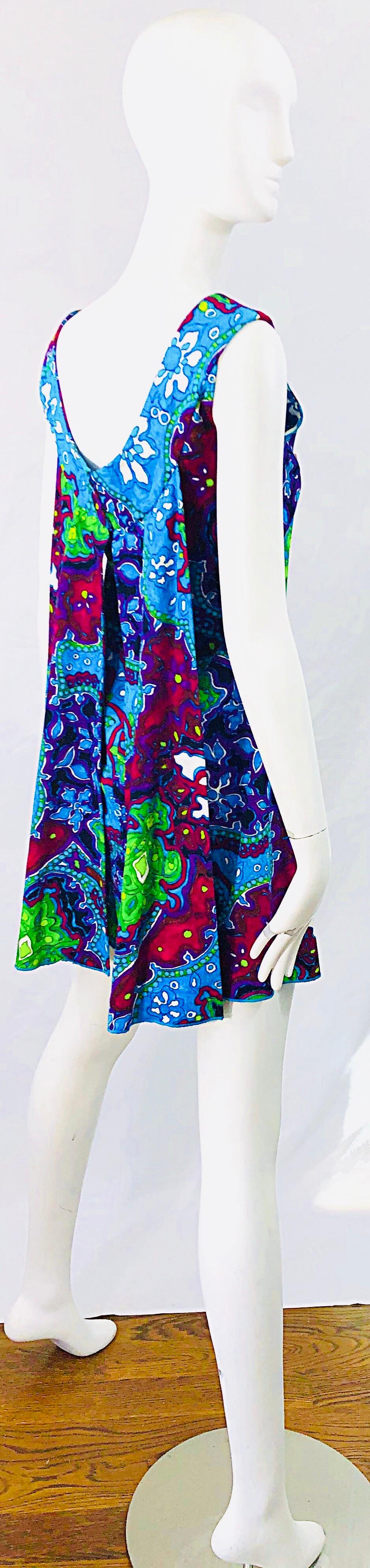 Blue 1960s Hawaiian Print Vibrant Colors Flowers Cotton / Rayon A - Line Mini Dress
