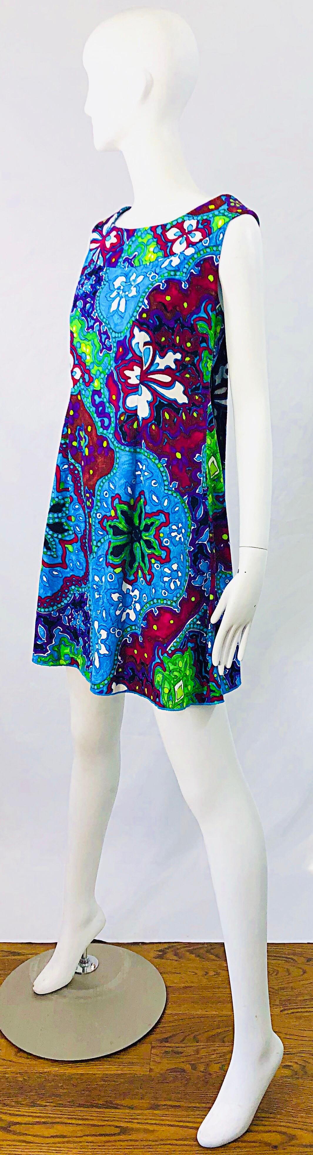 1960s Hawaiian Print Vibrant Colors Flowers Cotton / Rayon A - Line Mini Dress 1