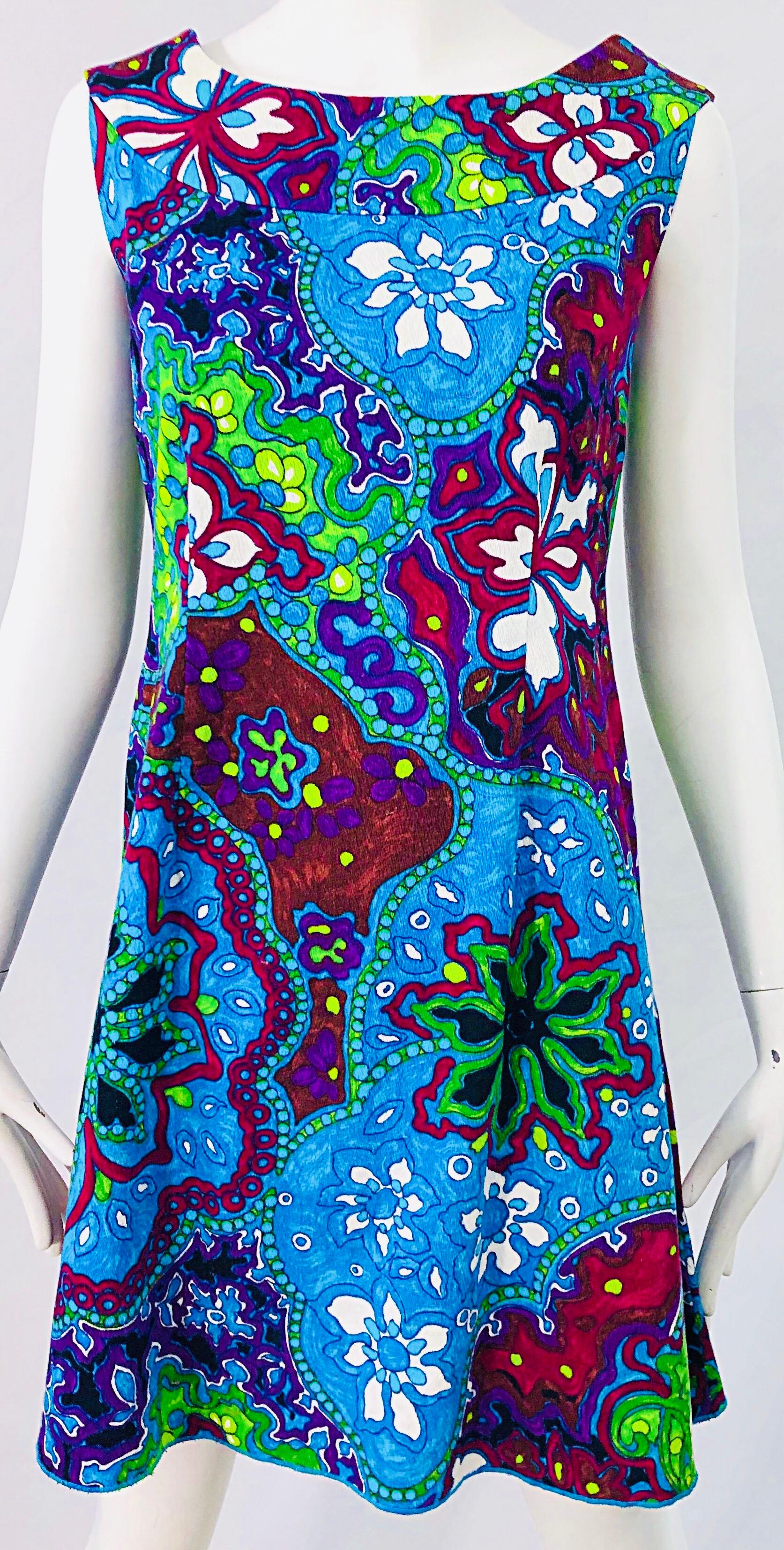 1960s Hawaiian Print Vibrant Colors Flowers Cotton / Rayon A - Line Mini Dress 4