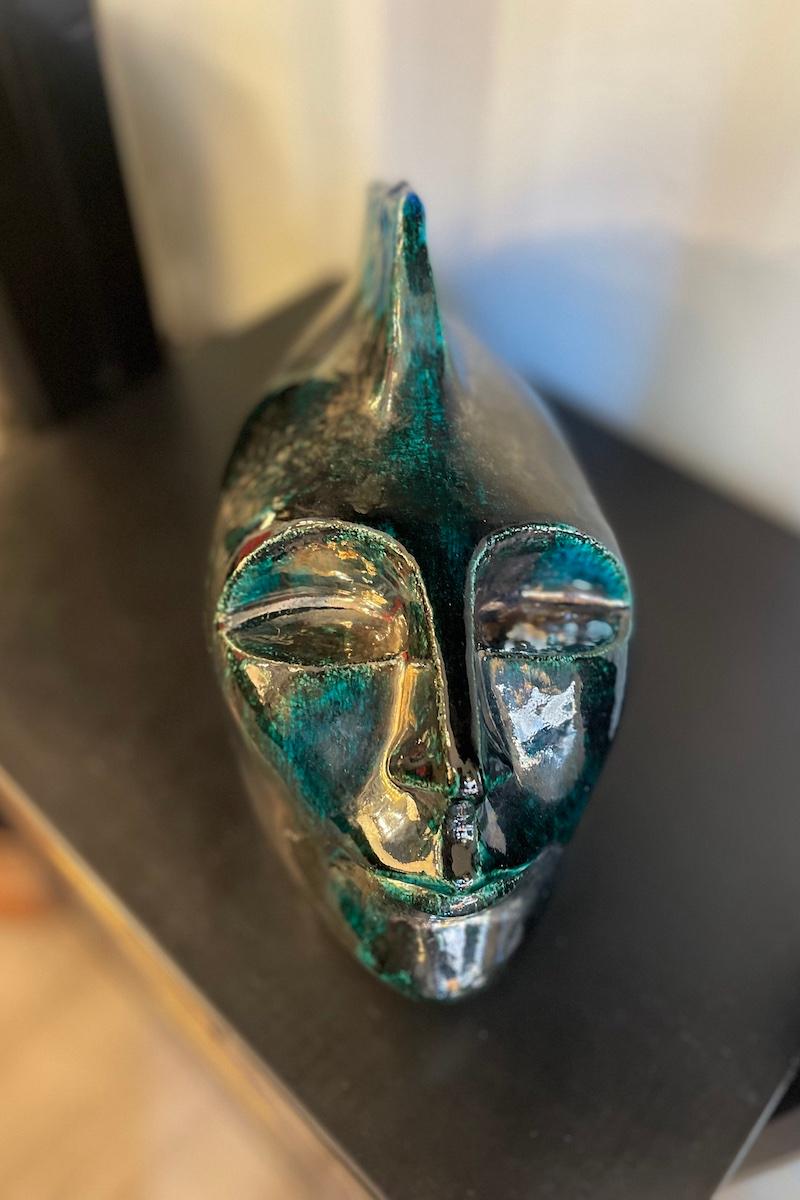 Metà XX secolo Testa/scultura di pesce del 1960 in ceramica smaltata in vendita