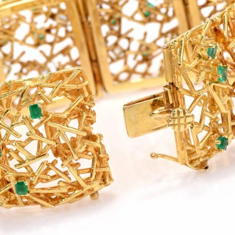 Round Cut 1960s Heavy Estate 18 Karat Gold Diamond Emerald Bracelet Bangle Cuff