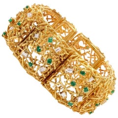 1960s Heavy Estate 18 Karat Gold Diamond Emerald Bracelet Bangle Cuff