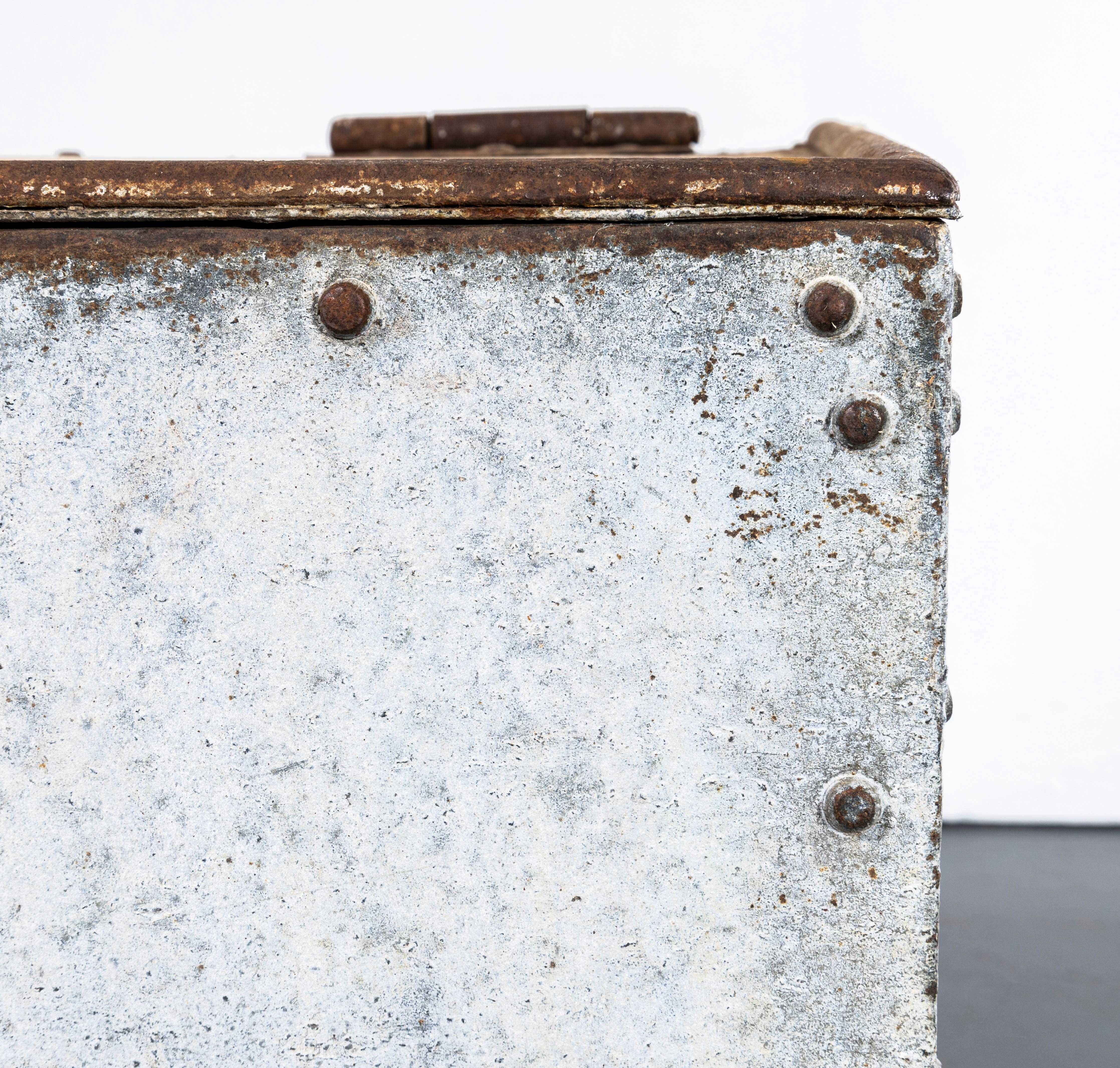 1960's Heavy Weight Rivetted Belgian Grain Bin. 

These grain bins are a staple functional item from farms throughout Belgium, used to hold grain feed for live stock. These bins are great as decorative storage items especially for logs in a rustic