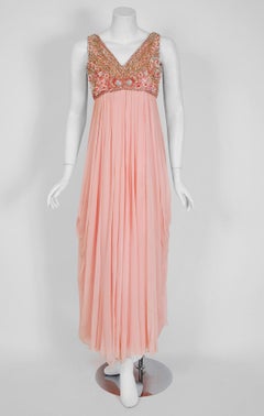 1960's Helen Rose Beaded Rhinestone Pink Chiffon Draped Grecian Goddess Dress