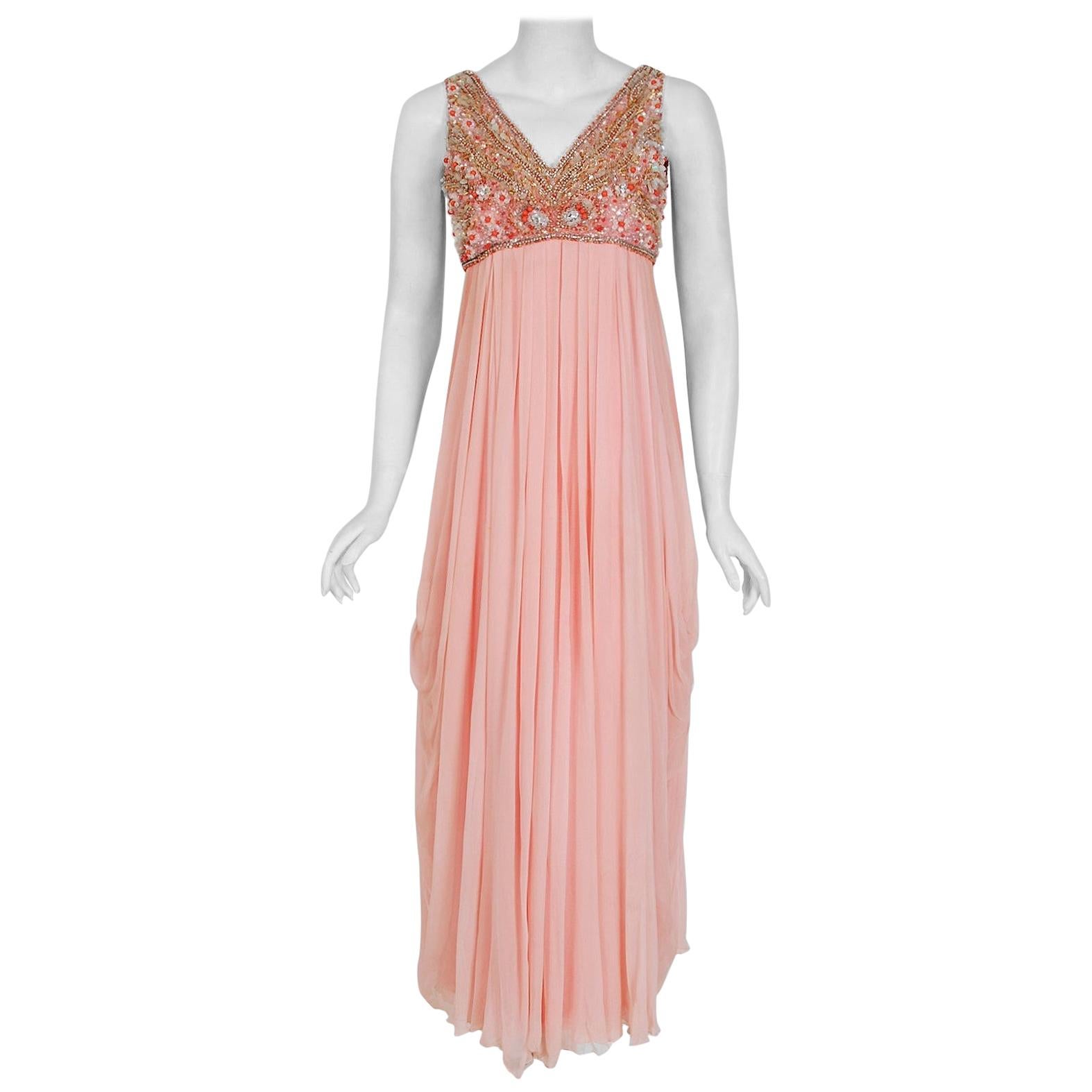 1960's Helen Rose Beaded Rhinestone Pink Chiffon Draped Grecian Goddess Dress