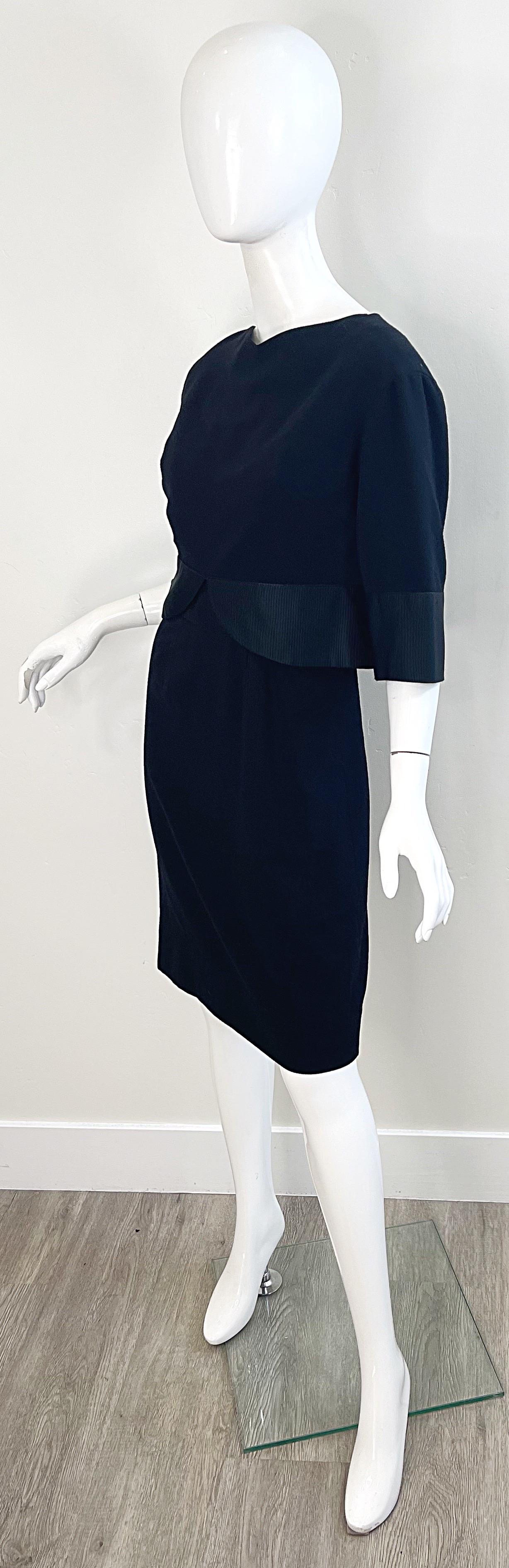 1960 Helen Rose Nero Maniche a 3/4 in lana leggera Vintage 60s Dress Ensemble in vendita 6