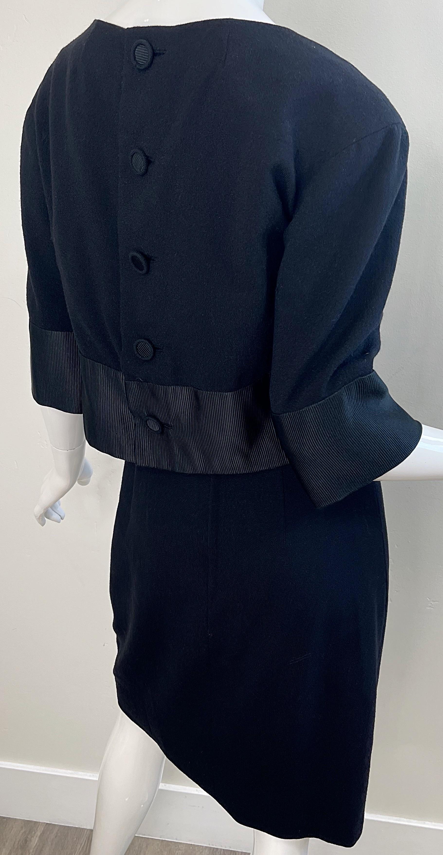 1960 Helen Rose Nero Maniche a 3/4 in lana leggera Vintage 60s Dress Ensemble in vendita 7