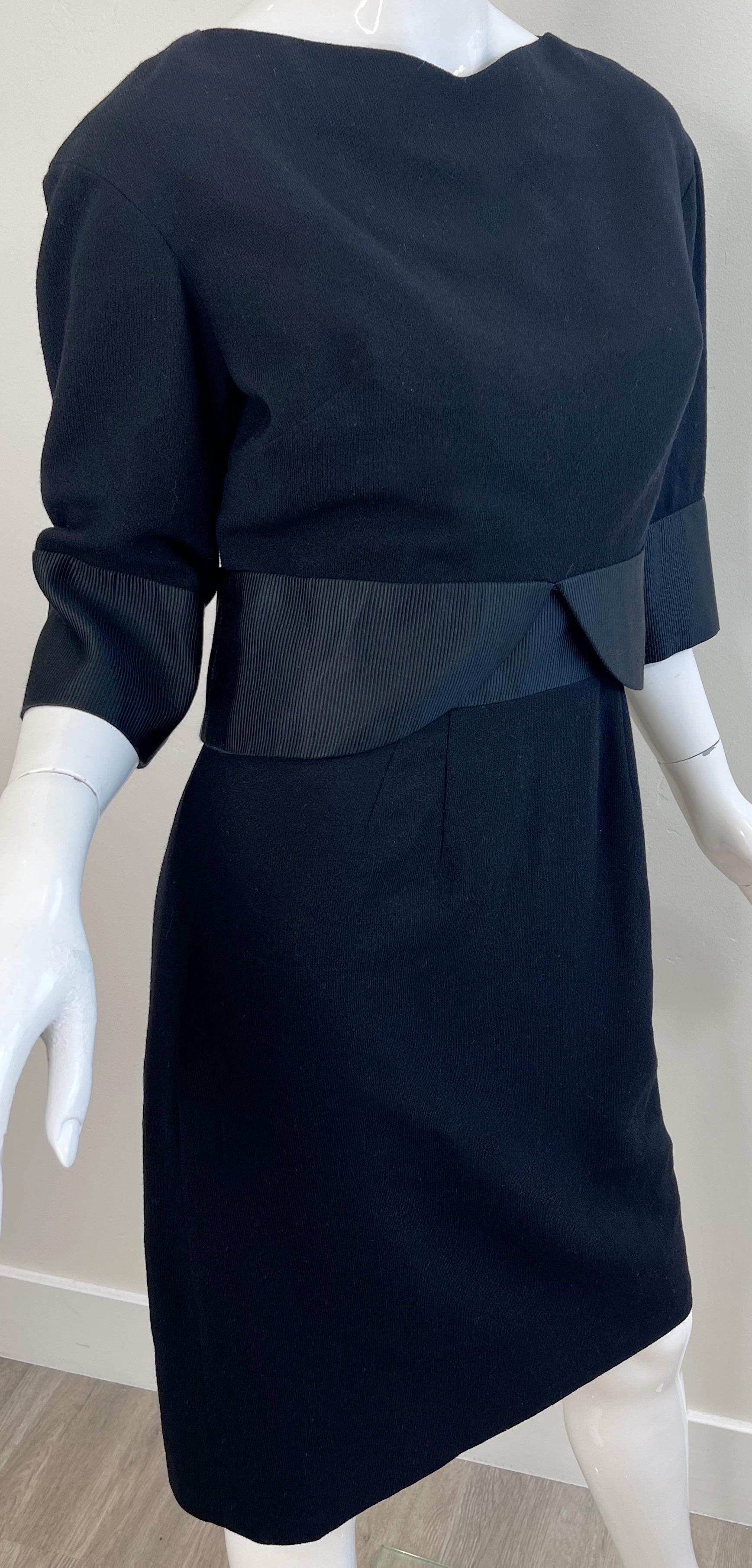 1960 Helen Rose Nero Maniche a 3/4 in lana leggera Vintage 60s Dress Ensemble in vendita 8