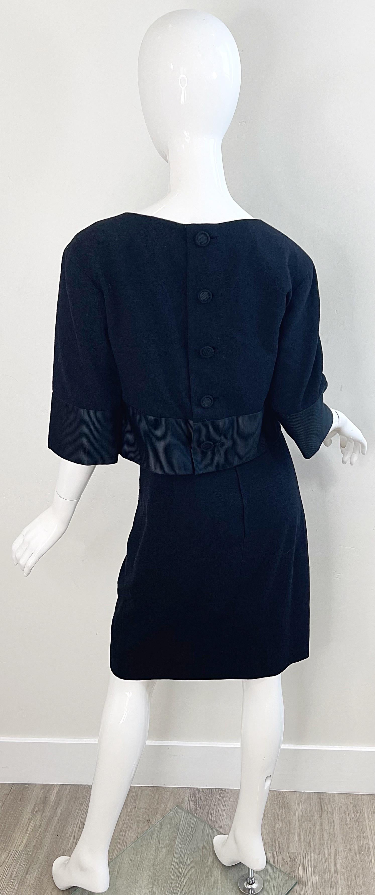 1960 Helen Rose Nero Maniche a 3/4 in lana leggera Vintage 60s Dress Ensemble in vendita 9