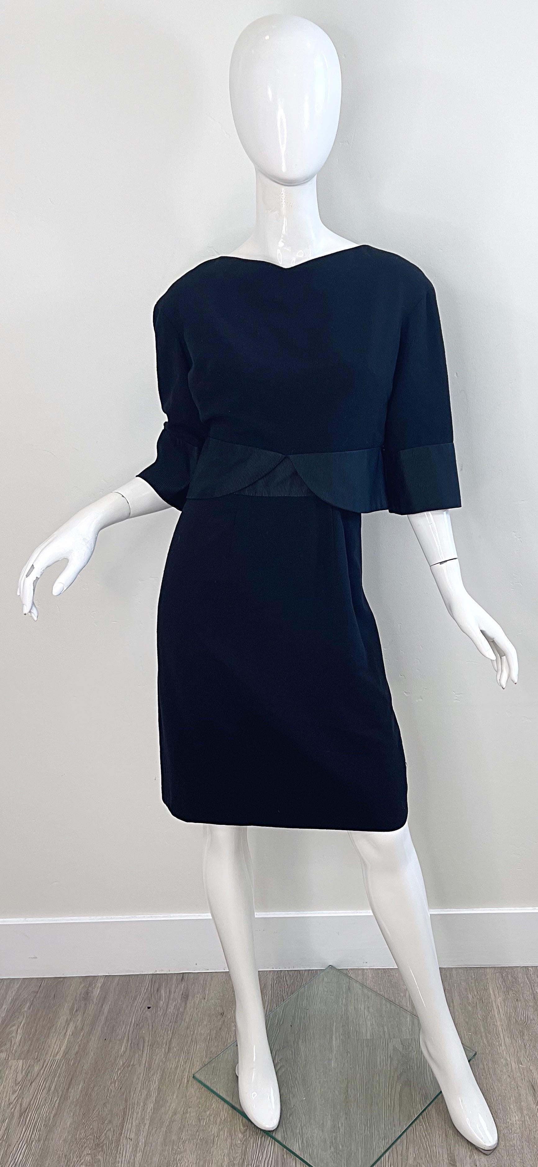 1960 Helen Rose Nero Maniche a 3/4 in lana leggera Vintage 60s Dress Ensemble in vendita 10