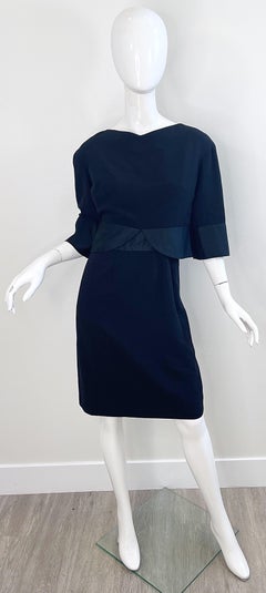 1960 Helen Rose Nero Maniche a 3/4 in lana leggera Vintage 60s Dress Ensemble