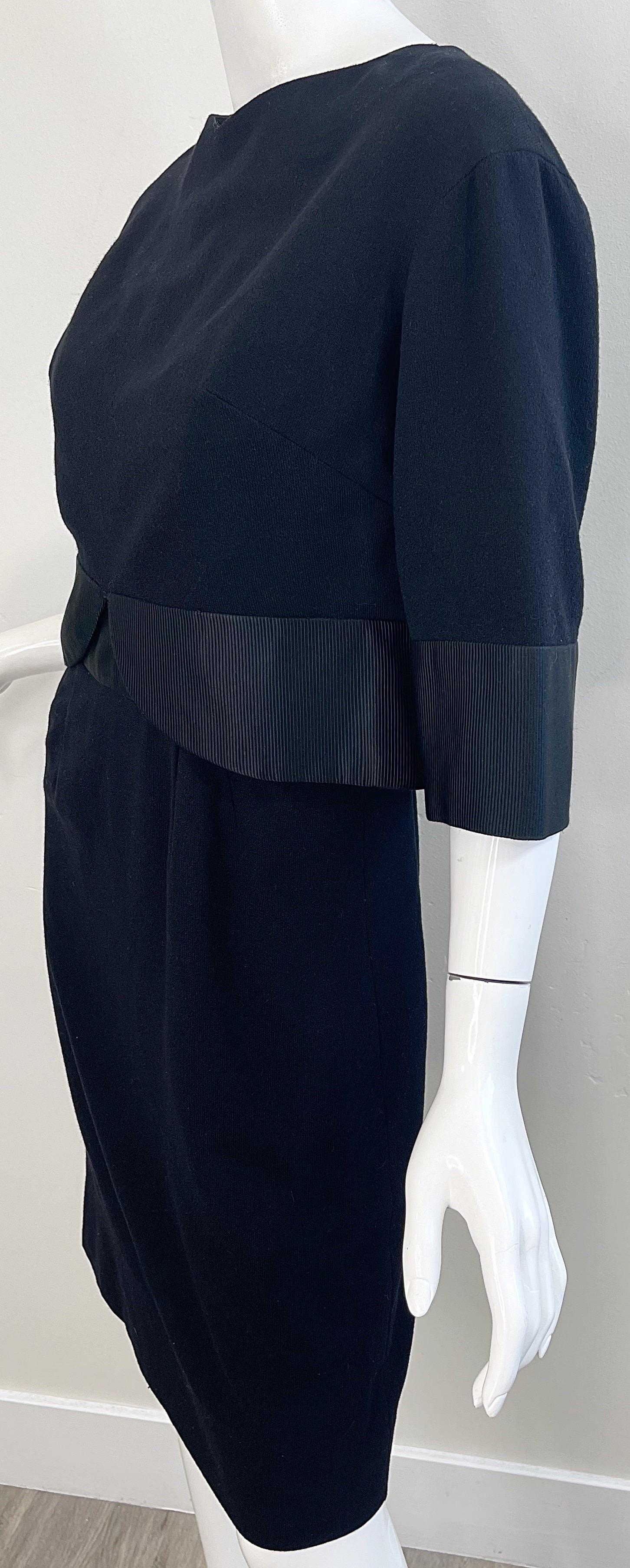 1960 Helen Rose Nero Maniche a 3/4 in lana leggera Vintage 60s Dress Ensemble in vendita 1