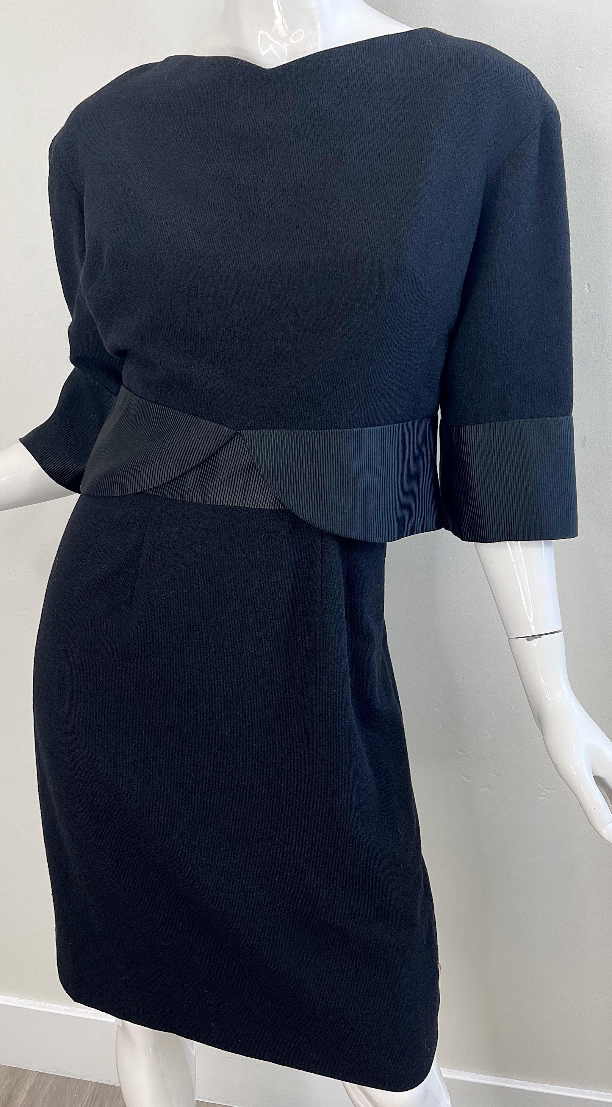 1960 Helen Rose Nero Maniche a 3/4 in lana leggera Vintage 60s Dress Ensemble in vendita 2