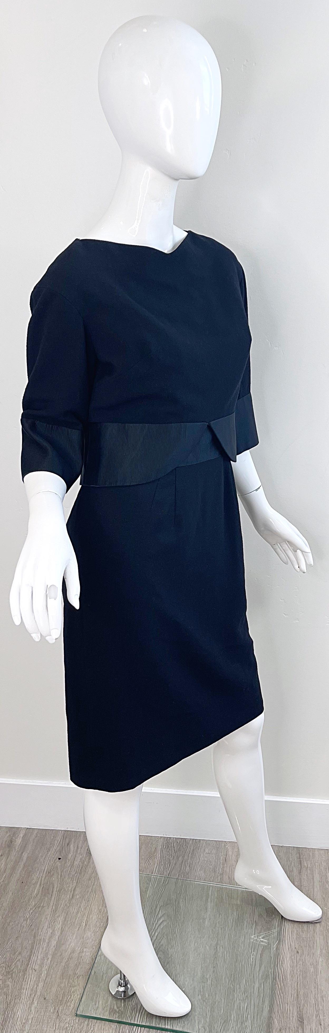 1960 Helen Rose Nero Maniche a 3/4 in lana leggera Vintage 60s Dress Ensemble in vendita 5